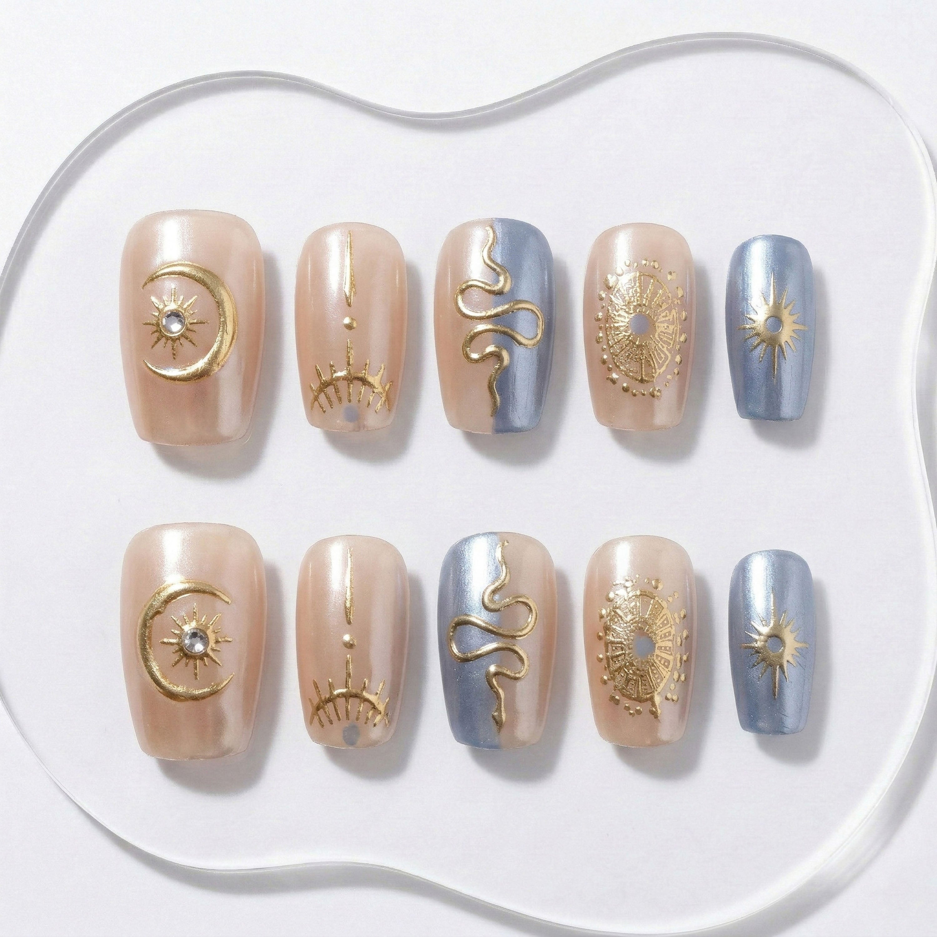Handmade Press On Nails Short Square Nude Pink Blue Celestial Gold Glossy ≤18 mm 10 Pieces #306