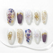 Handmade Press On Nails Trapezoid White Purple Gold Floral Glossy Medium 10 Pieces #316