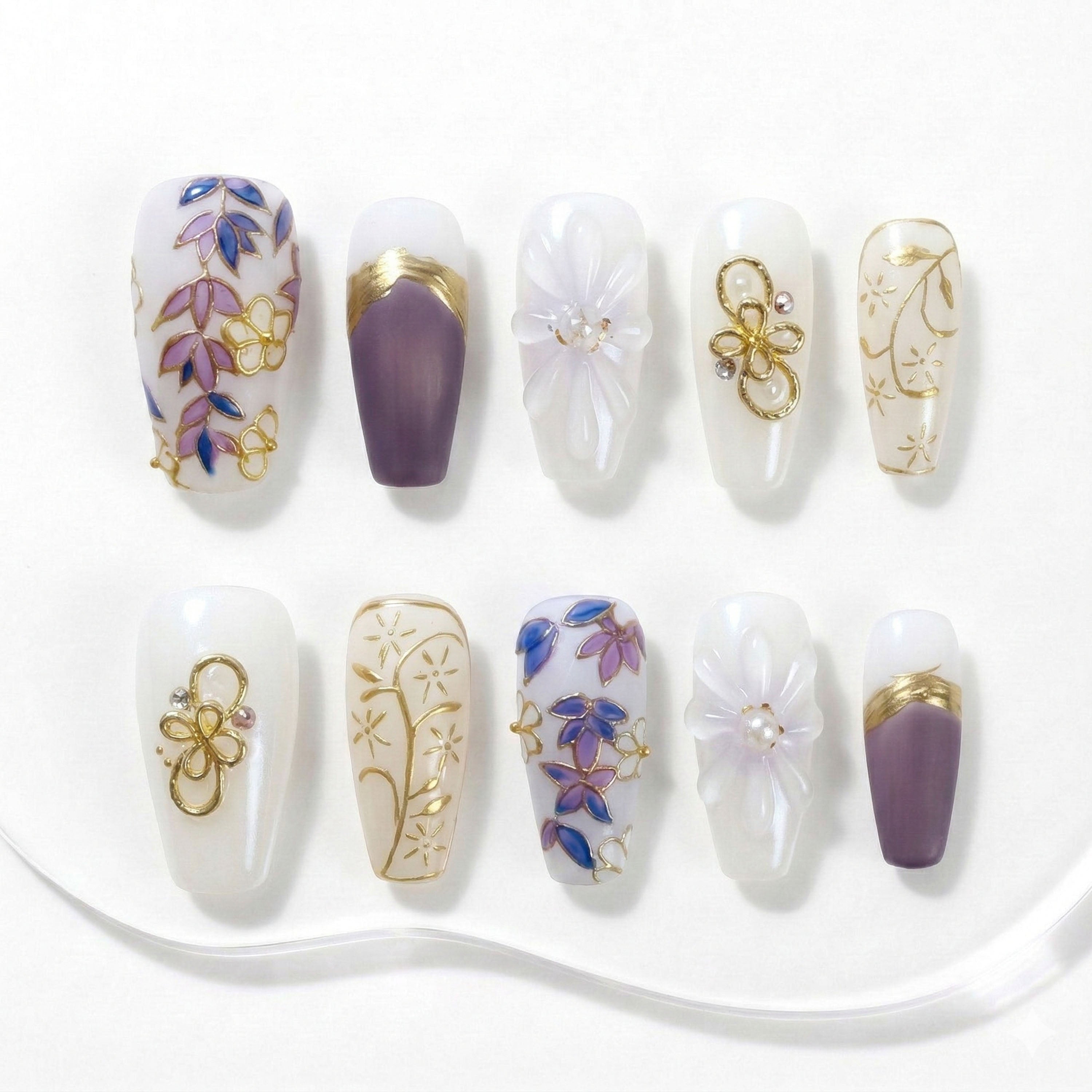 Handmade Press On Nails Trapezoid White Purple Gold Floral Glossy Medium 10 Pieces #316