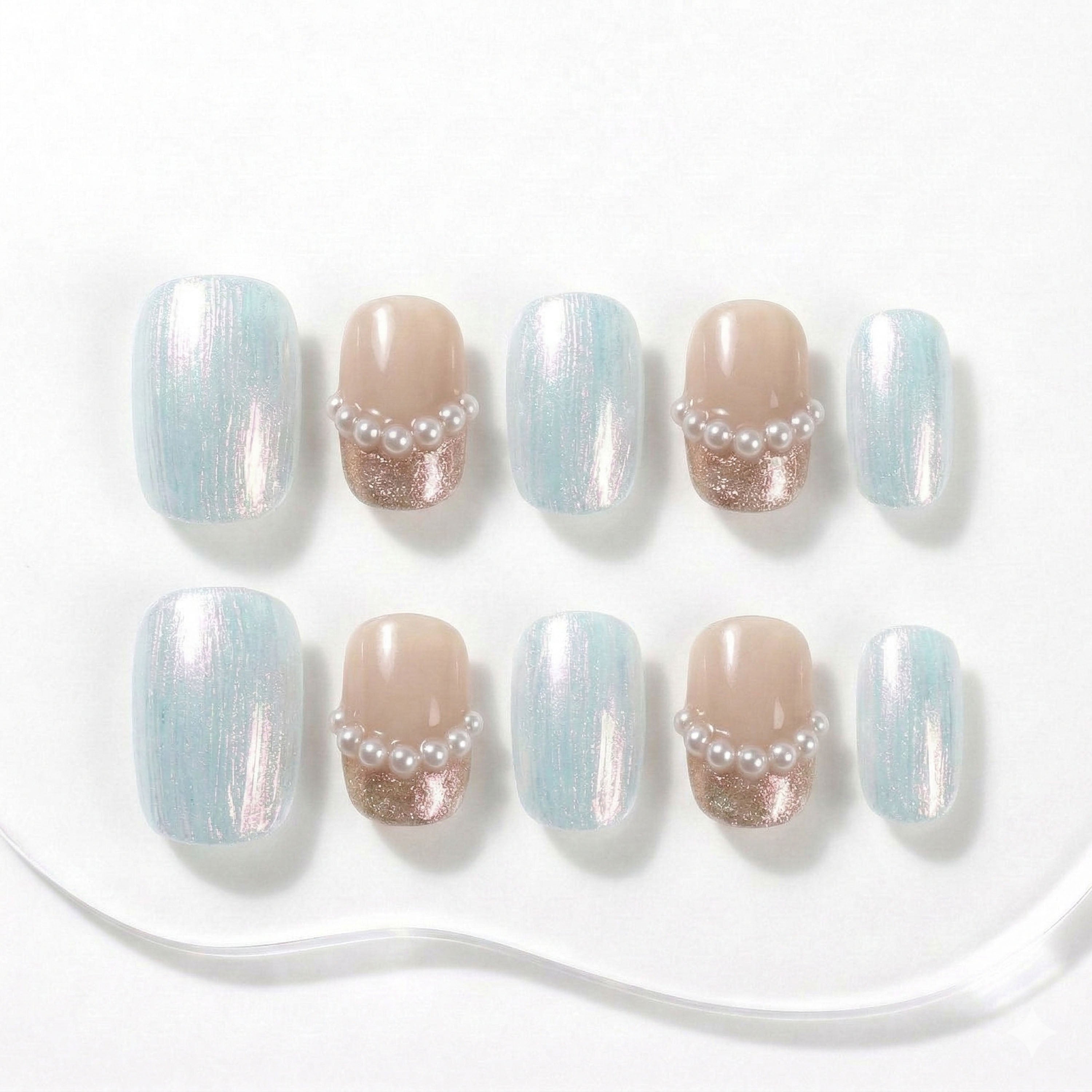 Handmade Press On Nails Short Square Blue Nude Rose Gold Pearl Shimmer Short 10 Pieces #305