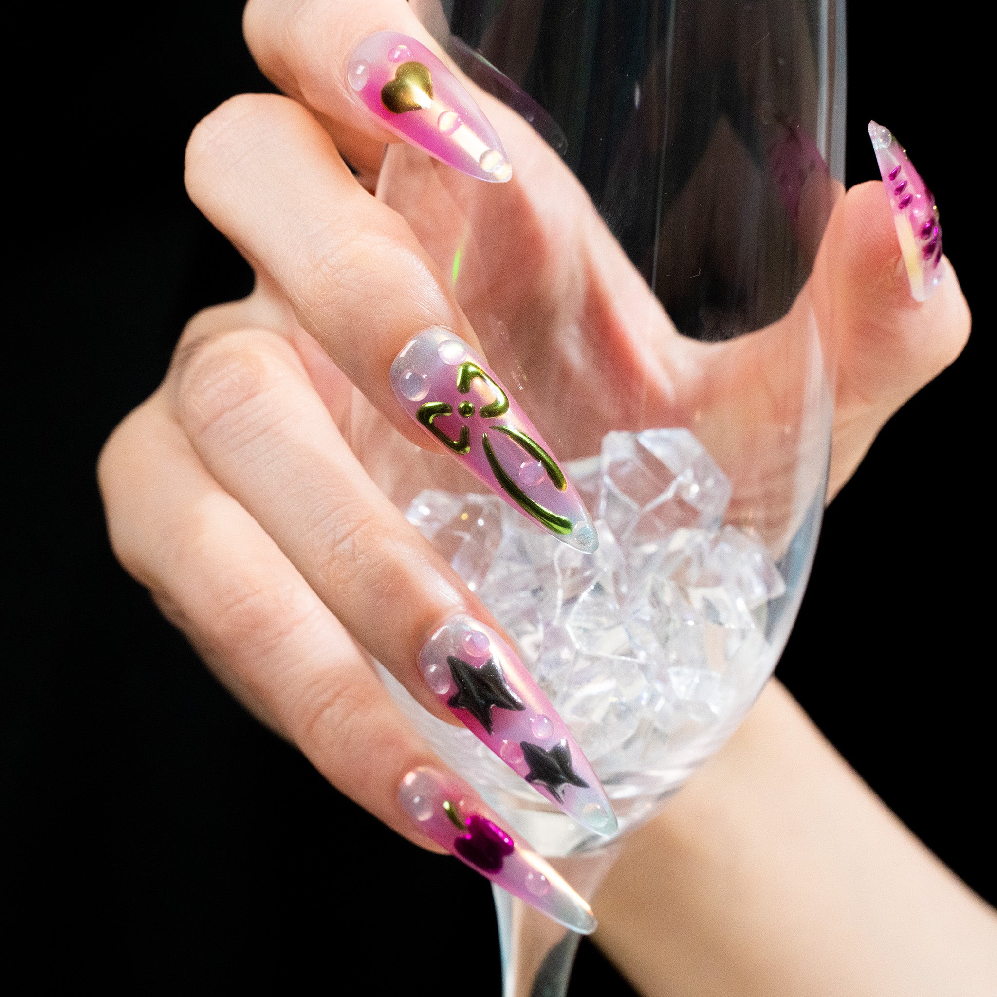 Handmade Long Stiletto Amlond Press-On Nails - Pink 3D Flower Hand-Painted 10 Pcs #277