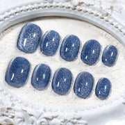 Handmade Short Squoval Round Press-On Nails - Blue Magnet Solid Color Minimalist 10 Pcs #242