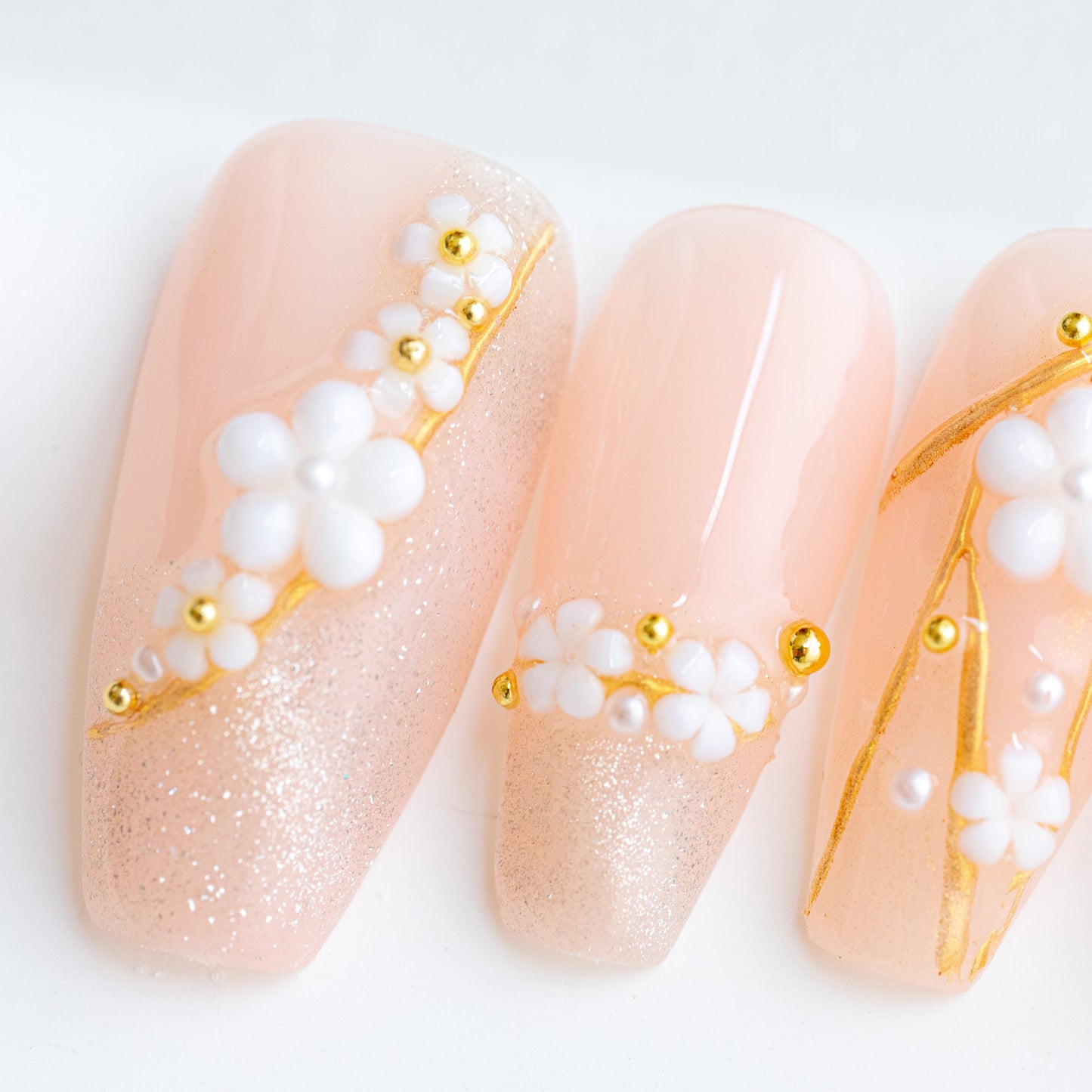 Handmade Press-on Nails Medium Long Coffin Ballerina Pink Gold Flower Design 10Pcs HM010