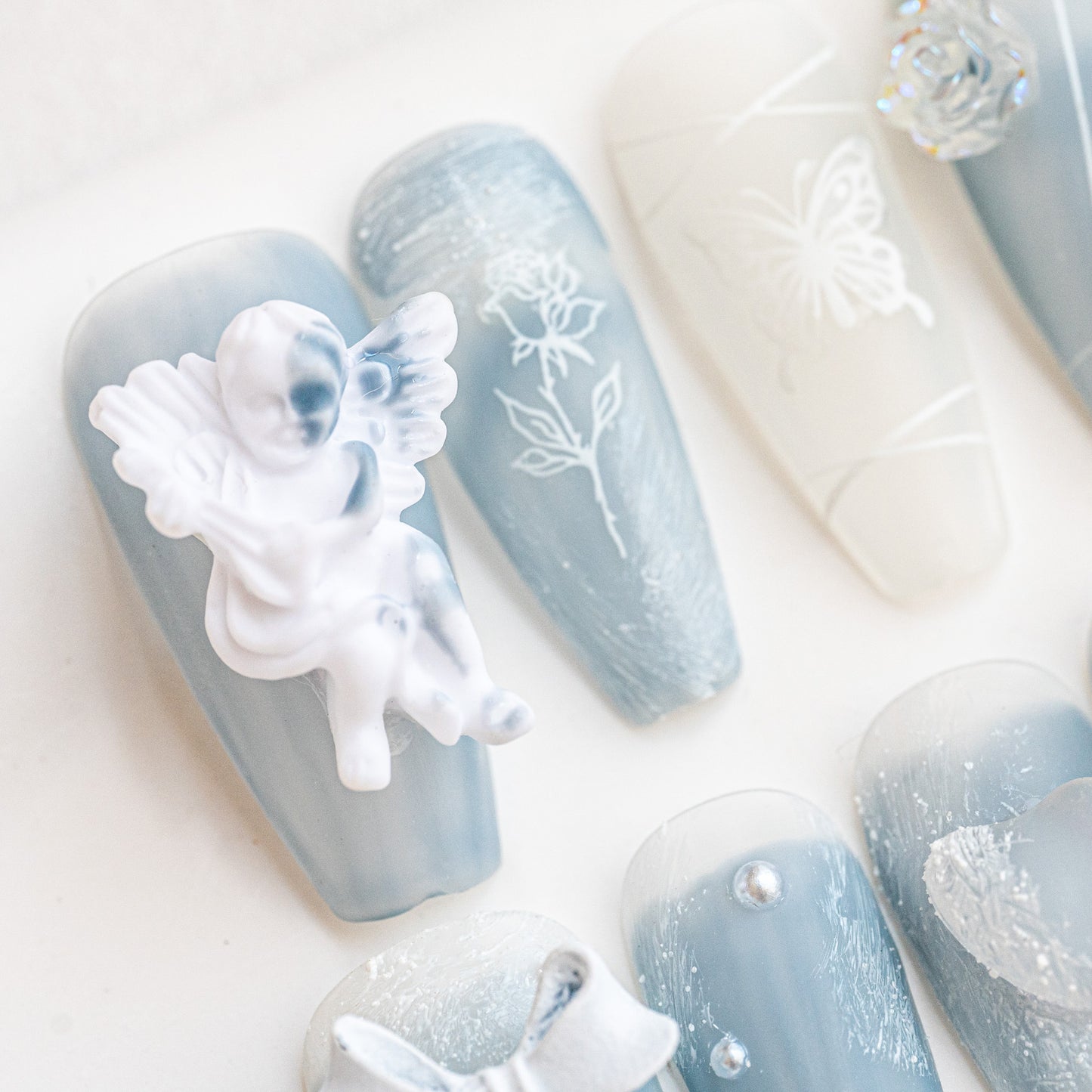 Handmade Press-on Nails Medium Long Coffin Ballerina Blue White Angle Ribbon Design 10Pcs HM008