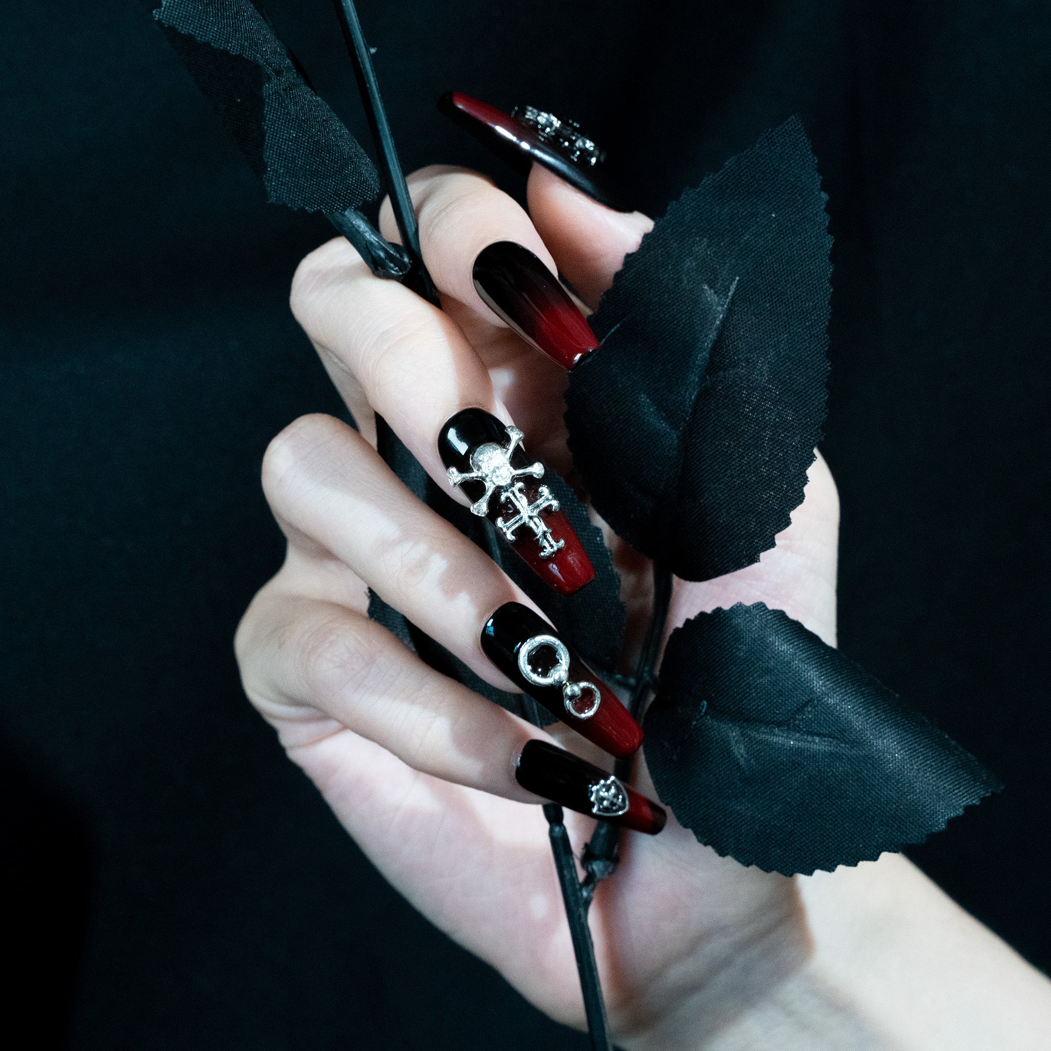 Handmade Long Coffin Ballerina Press-On Nails - Black Ombre Halloween 10 Pcs #275