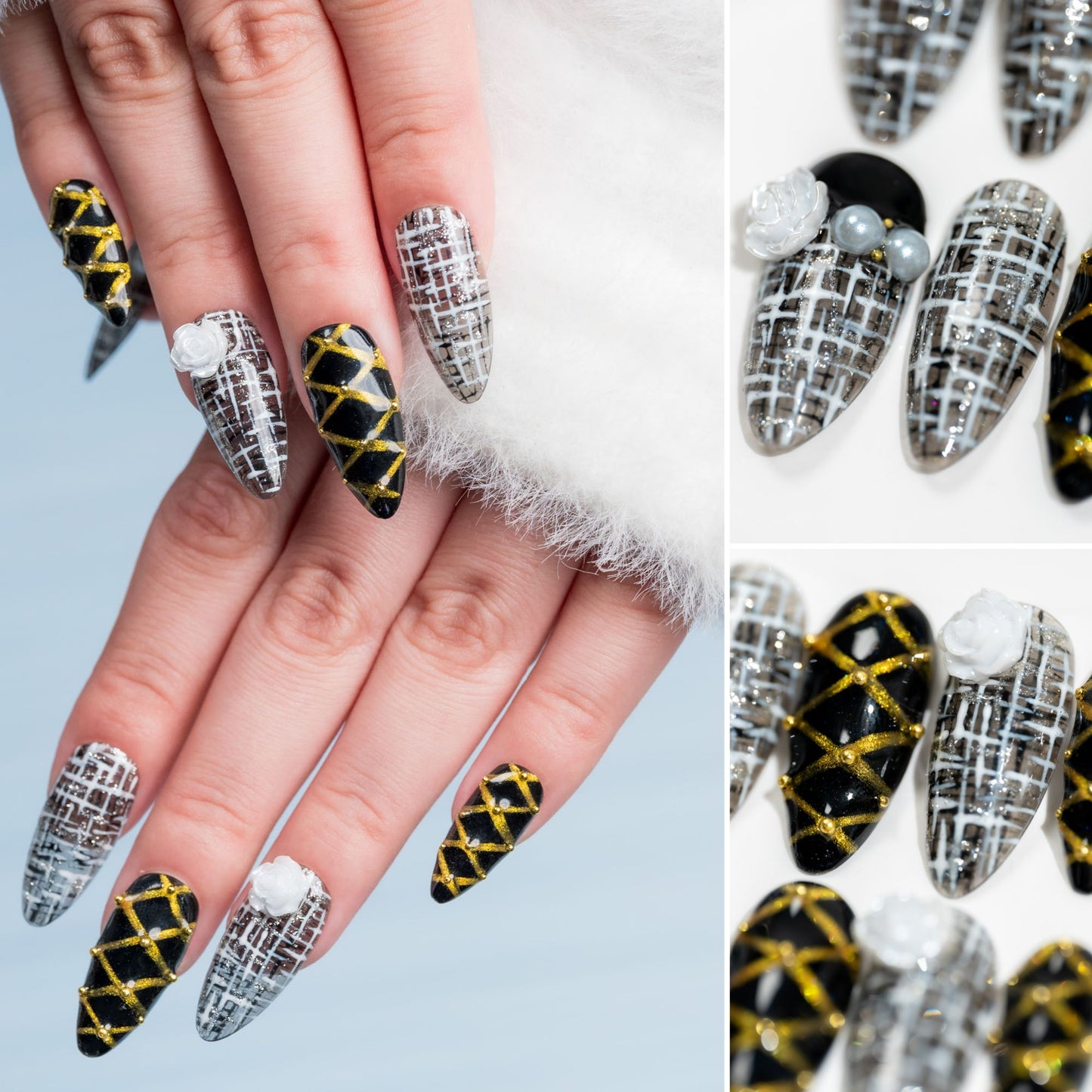 Handmade Press-on Nails Medium Long Almond Black Gold Flower Texture Design 10 Pcs HM079