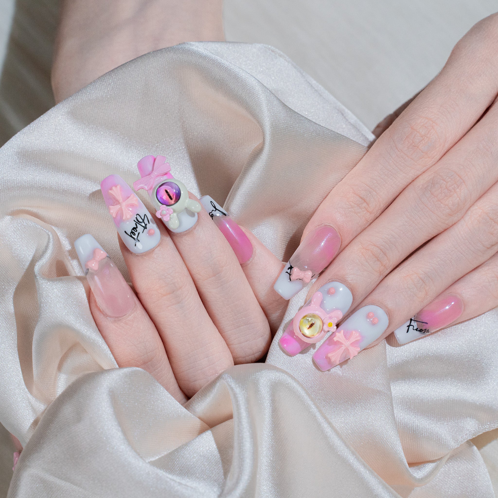 Ongles press-on faits main Moyen Coffin Ballerine – Rose Y2K 3D Été 10 pièces #271