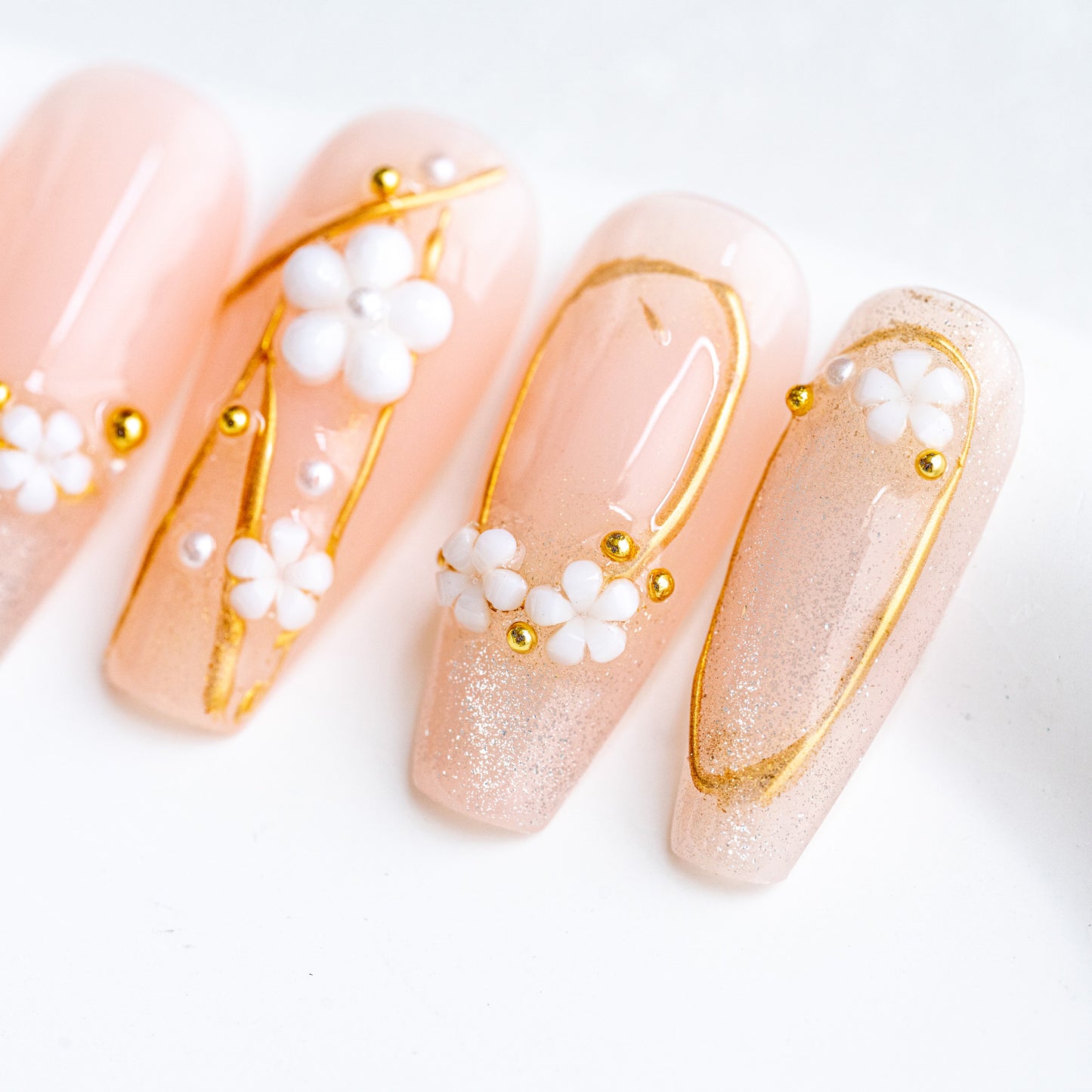 Handmade Press-on Nails Medium Long Coffin Ballerina Pink Gold Flower Design 10Pcs HM010