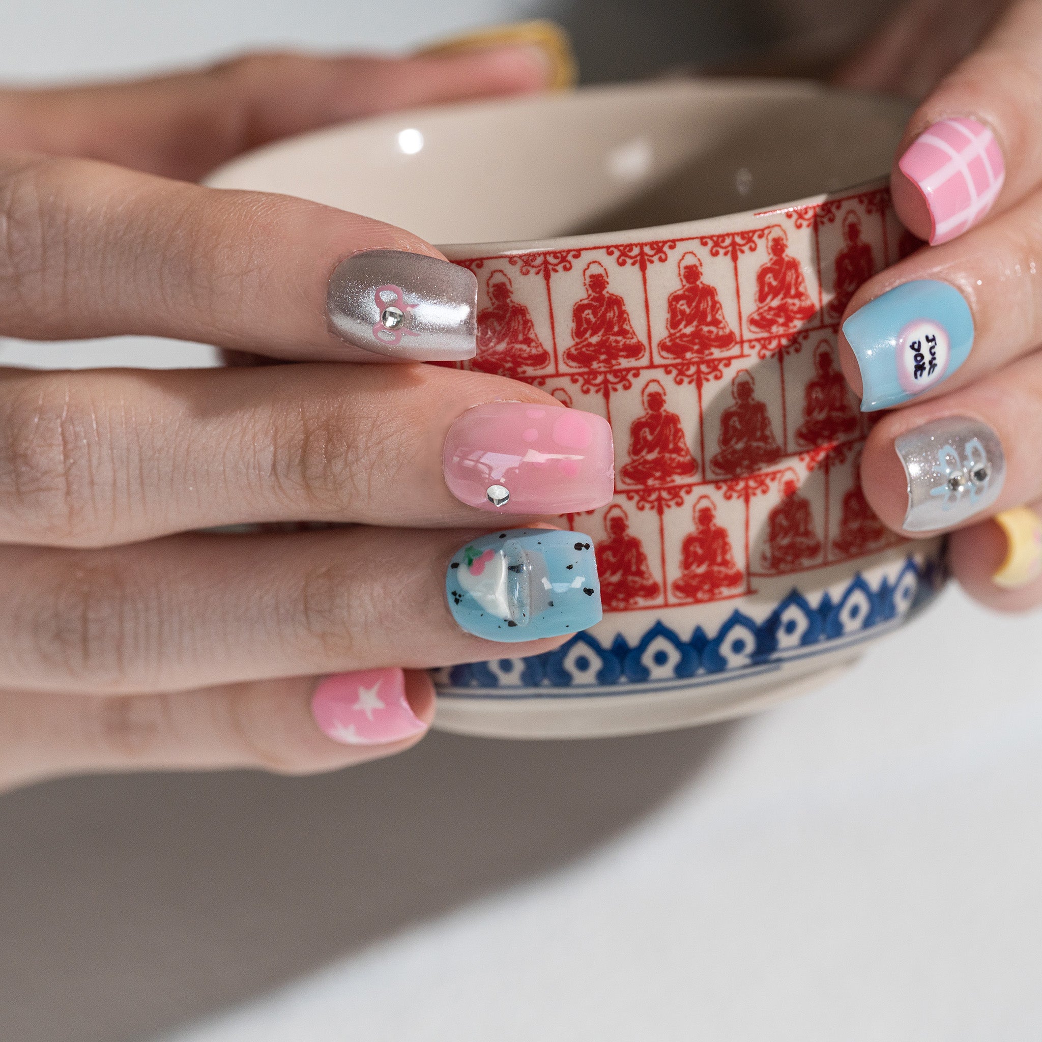 Handmade Short Square Press-On Nails - Yellow Blue Silver White Rhinestone Glitter Hand-Painted 10 Pcs #226