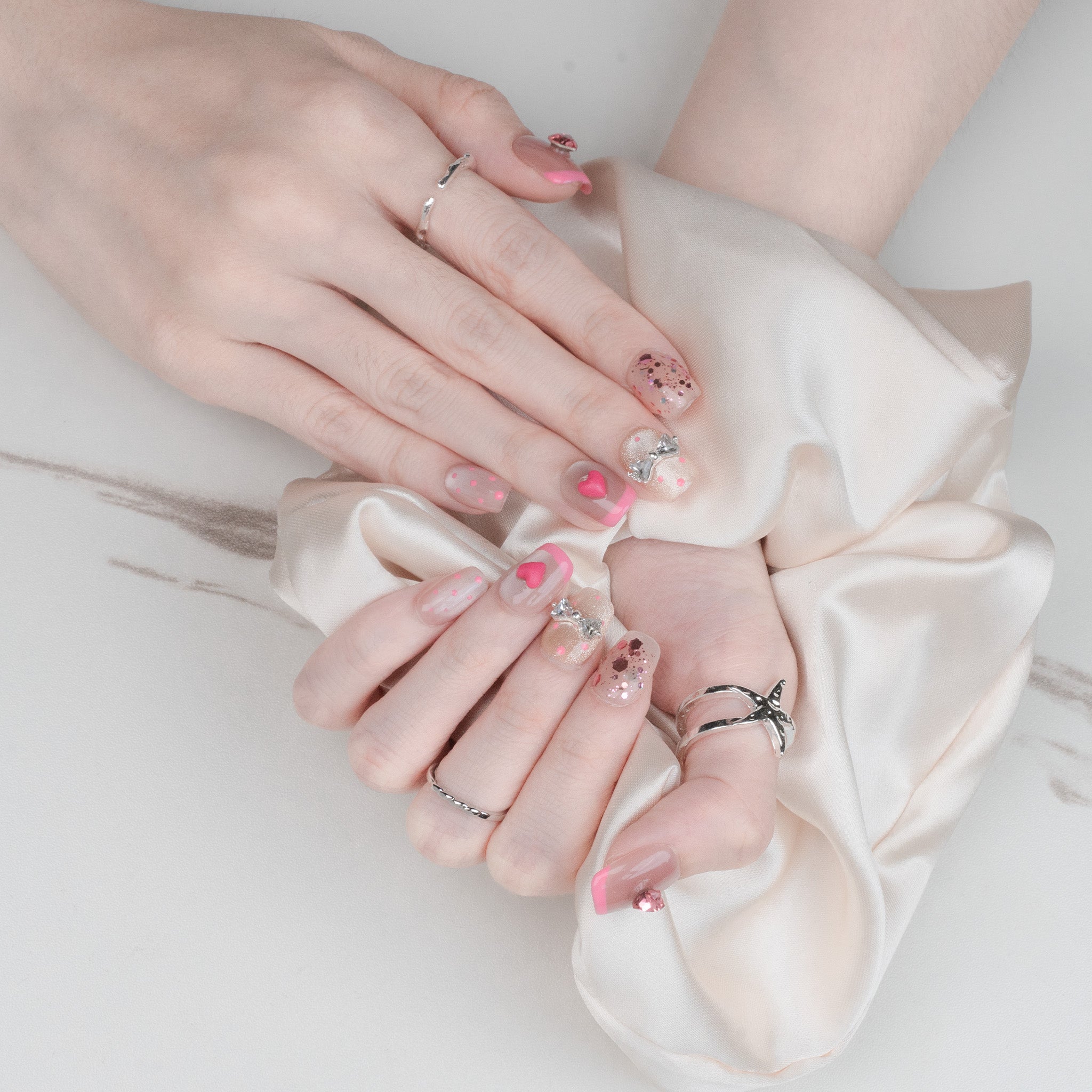 ハンドメイド ショート 短め コフィン バレリーナ ネイルチップ– ピンク フレンチ スウィート ハート 10枚セット #252