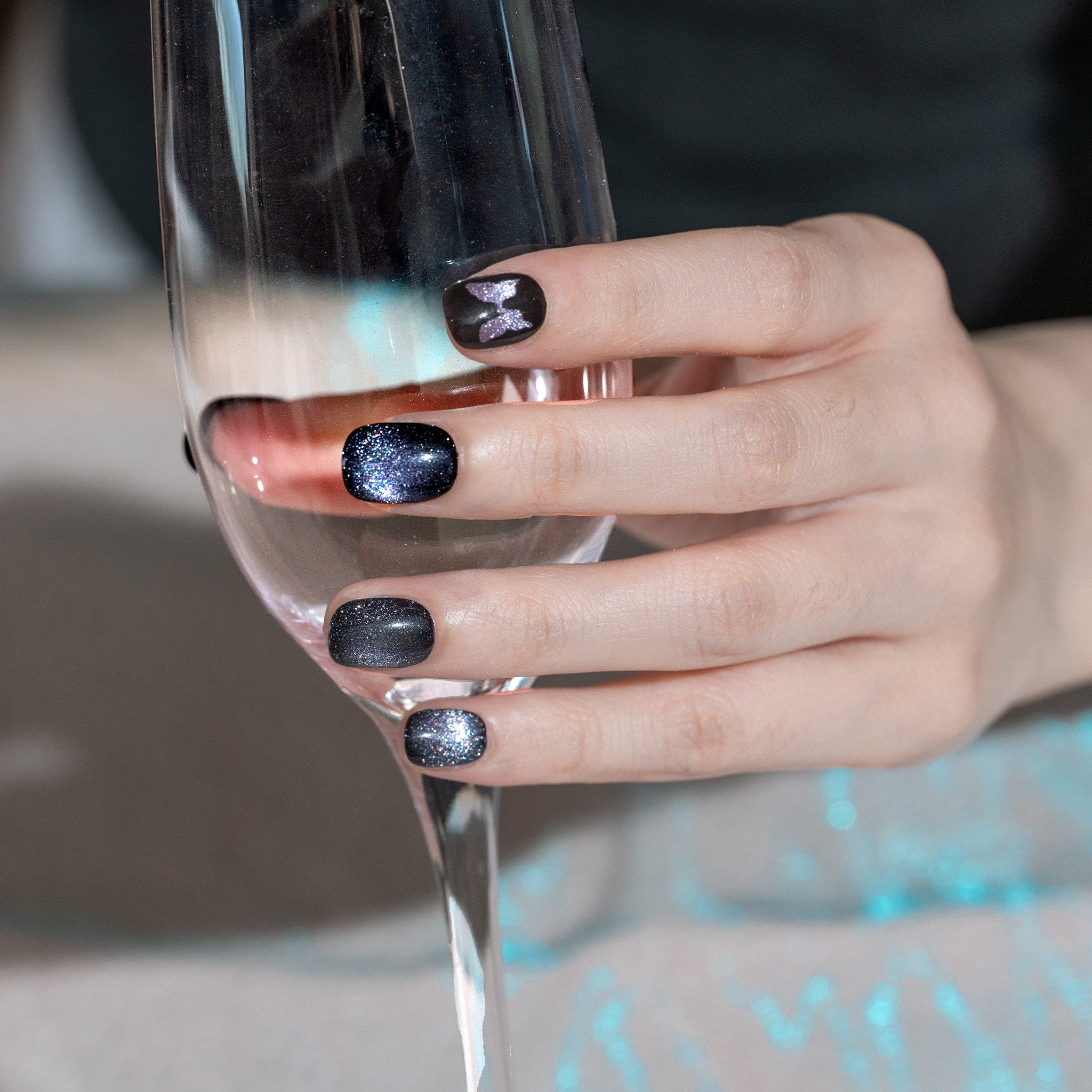 Handmade Short Squoval Round Press-On Nails - Black Magnet glossy Hand-Painted 10 Pcs #233