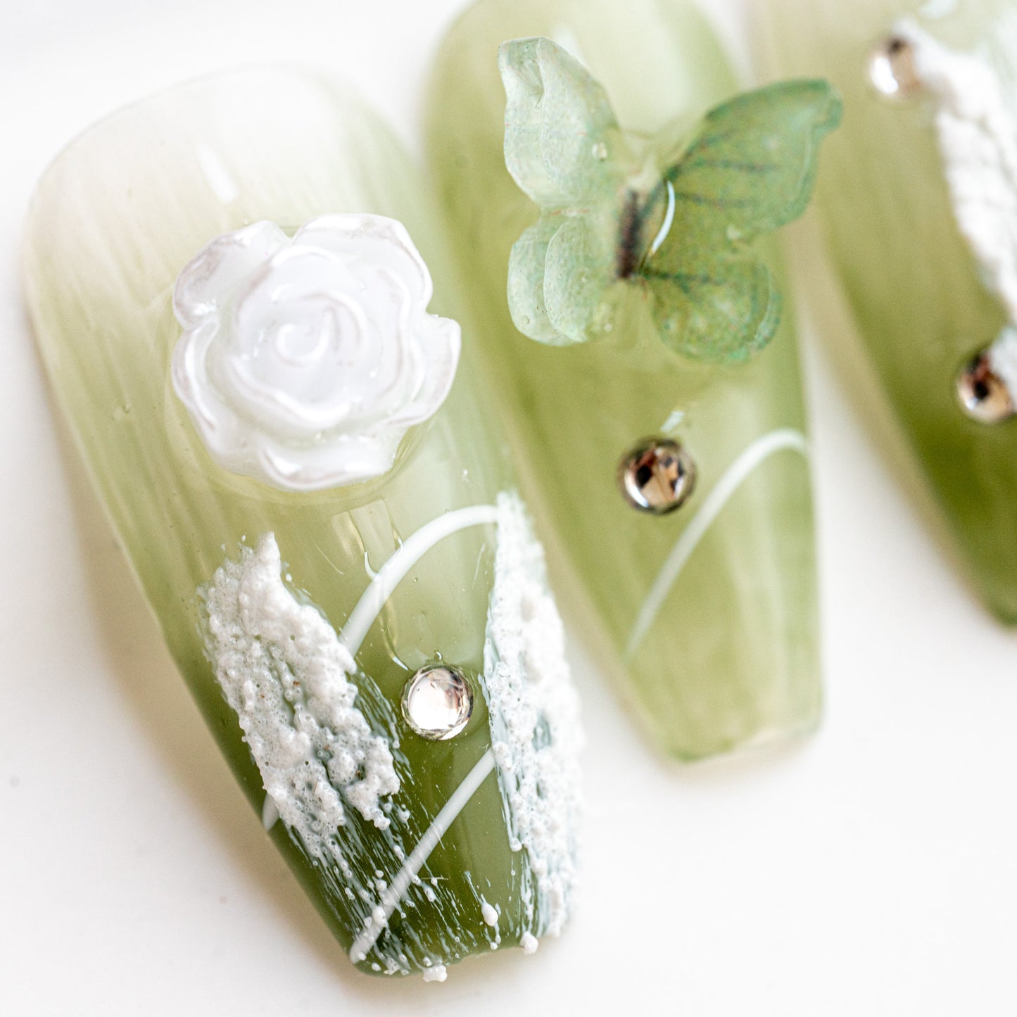 Handmade Press-on Nails Medium Long Coffin Ballerina Green White Flower Butterfly Design 10Pcs HM009