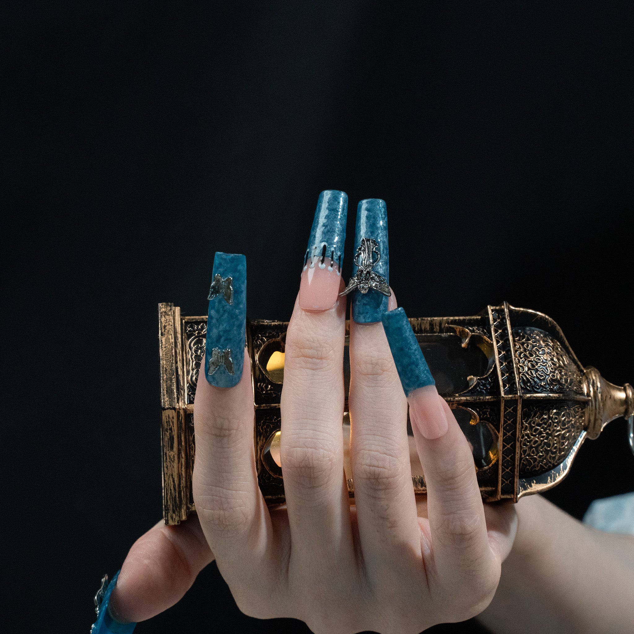 Handmade Long Coffin Ballerina Press-On Nails - Blue Y2K Glam 3D 10 Pcs #269