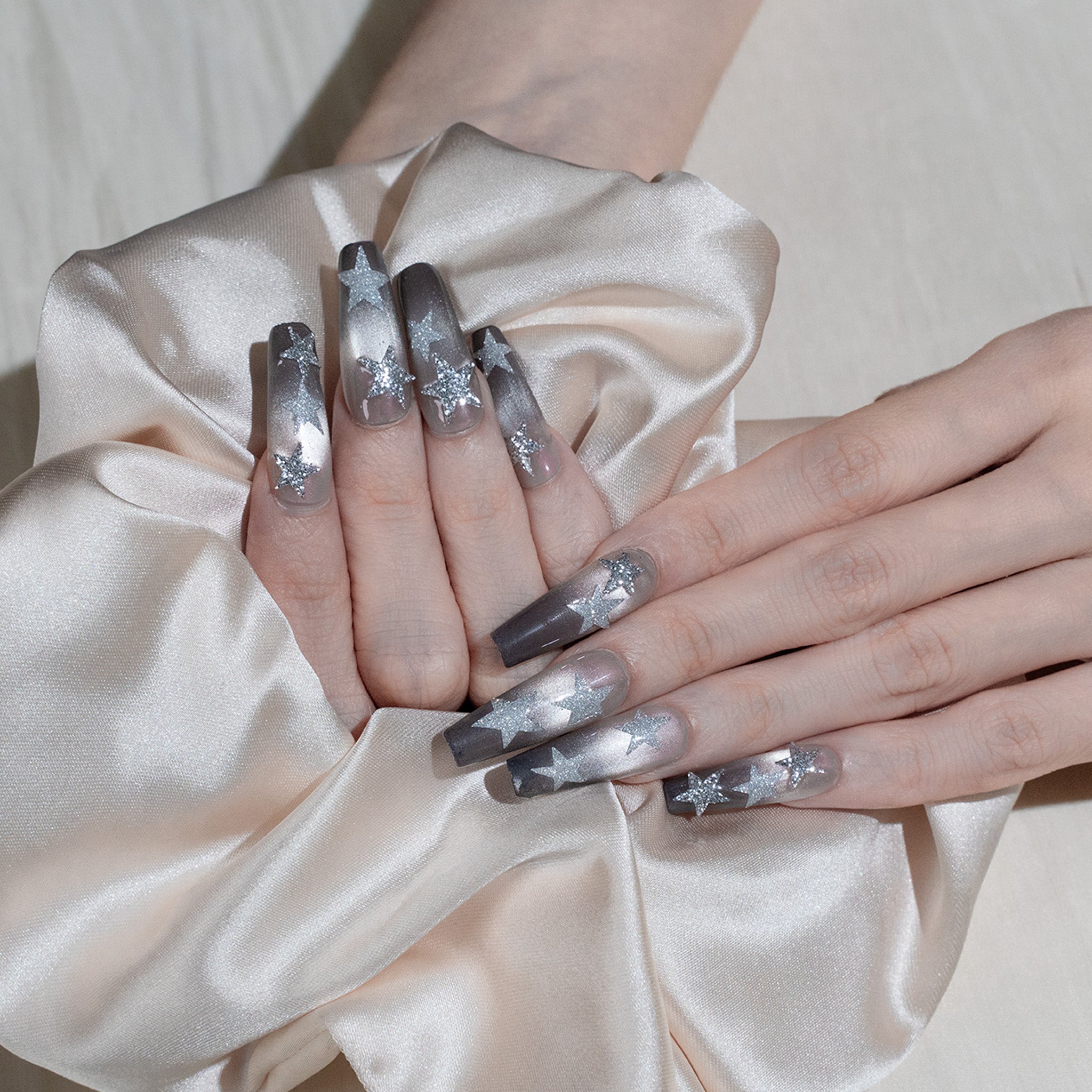 Handmade Long Coffin Ballerina Press-On Nails - Silver Ombre 10 Pcs #263