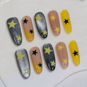 Ongles press-on faits main Long Ovale – Jaune Noir Aimant Y2K Minimaliste 10 pièces #253