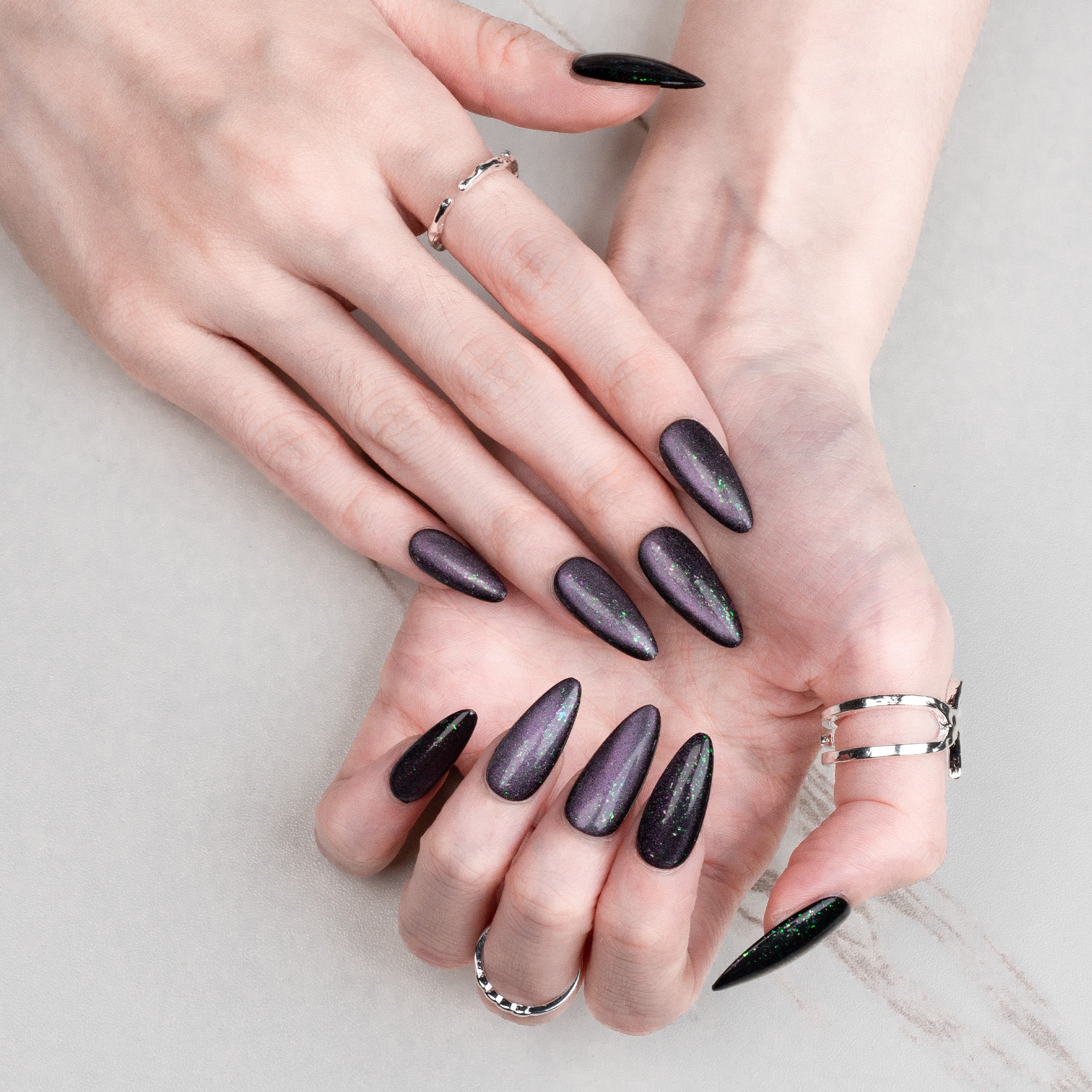 Handmade Medium Almond Press-On Nails - Black Magnet Solid Color Minimalist 10 Pcs #254