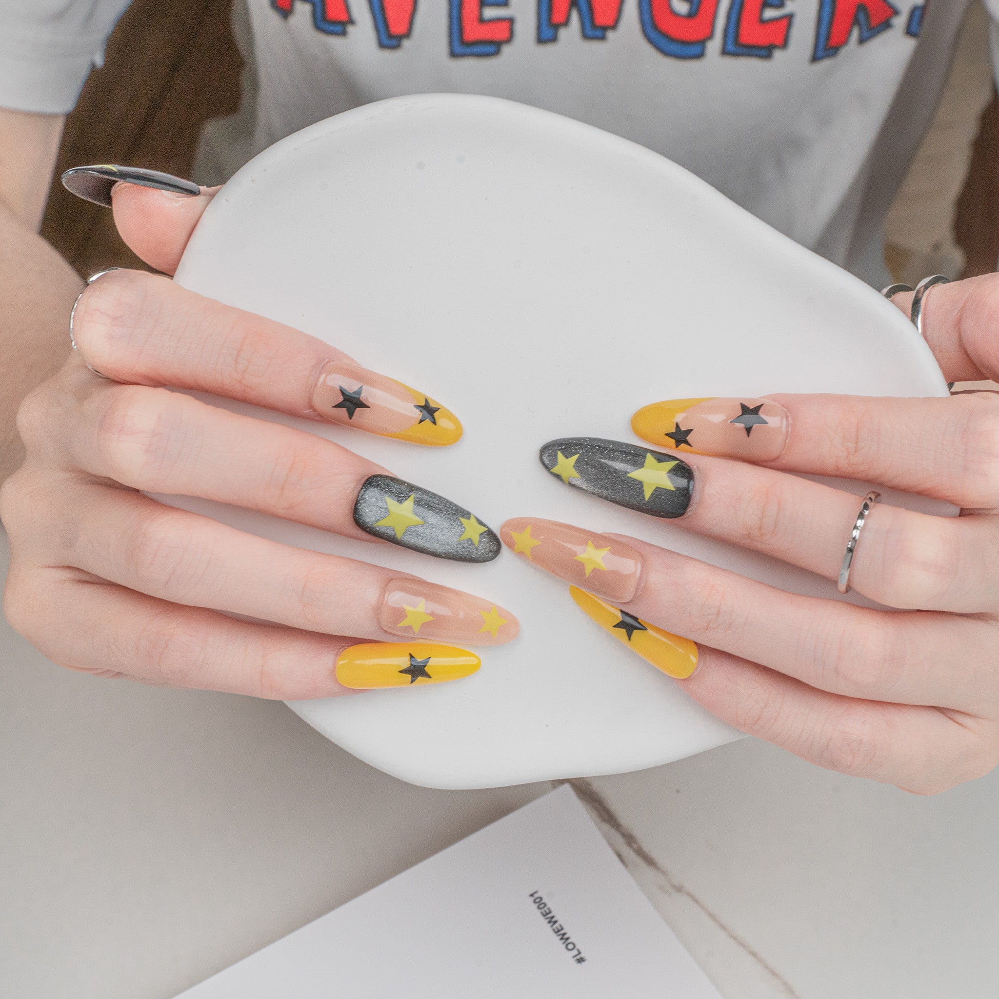 Handmade Long Oval Press-On Nails - Yellow Magnet Y2K Minimalist 10 Pcs #253