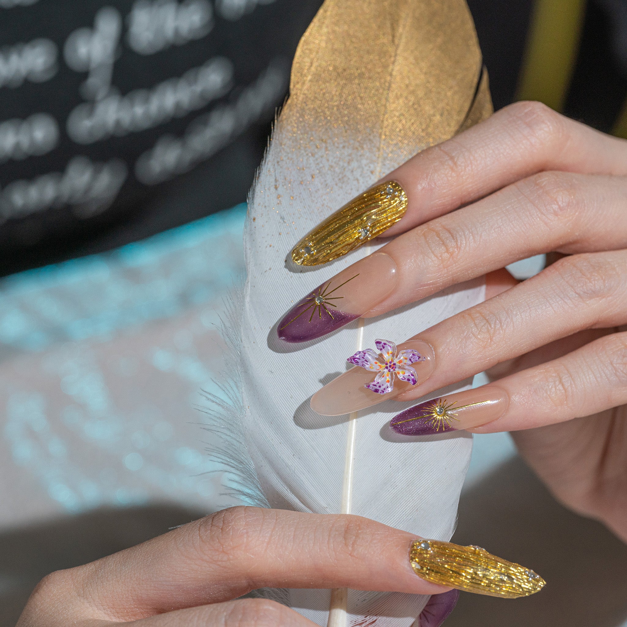 Handmade Long Almond Press-On Nails - Purple Yellow Rhinestone Hand-Painted Gradation 10 Pcs #222