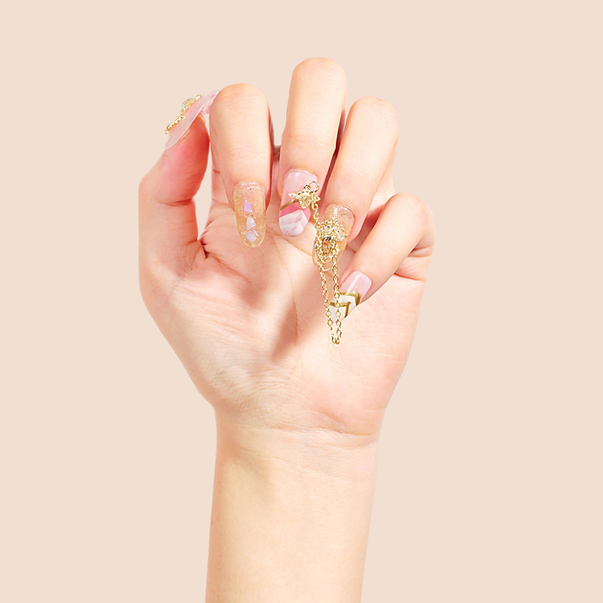 Handmade Medium Oval Press-On Nails - Pink Gold Gradation Elegant Rhinestone 10 Pcs #055