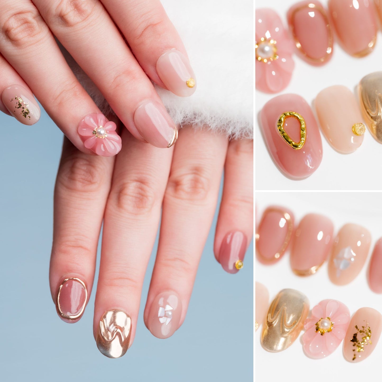 Handmade Press-on Nails  Short Oval Pink Gold Pearl Flower Design 10 Pcs HM077