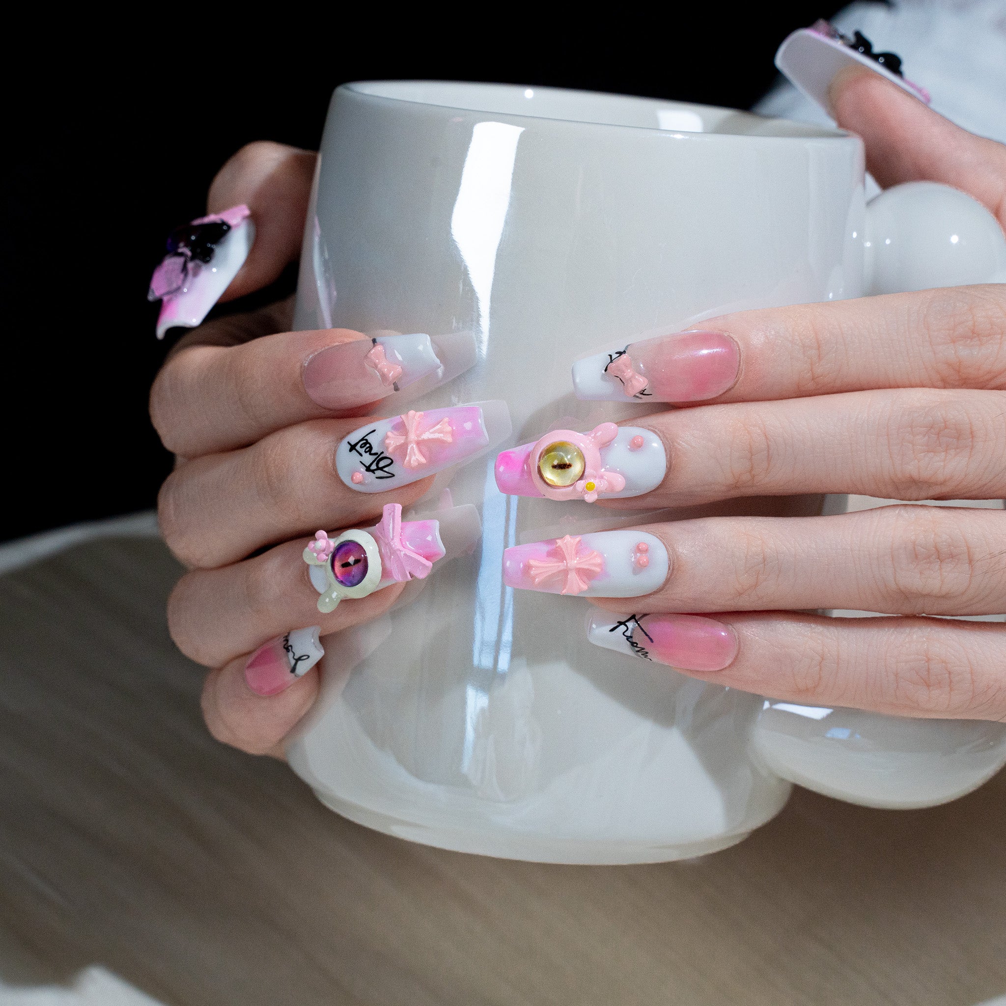 Handmade Medium Coffin Ballerina Press-On Nails - Pink Y2K 3D Summer 10 Pcs #271