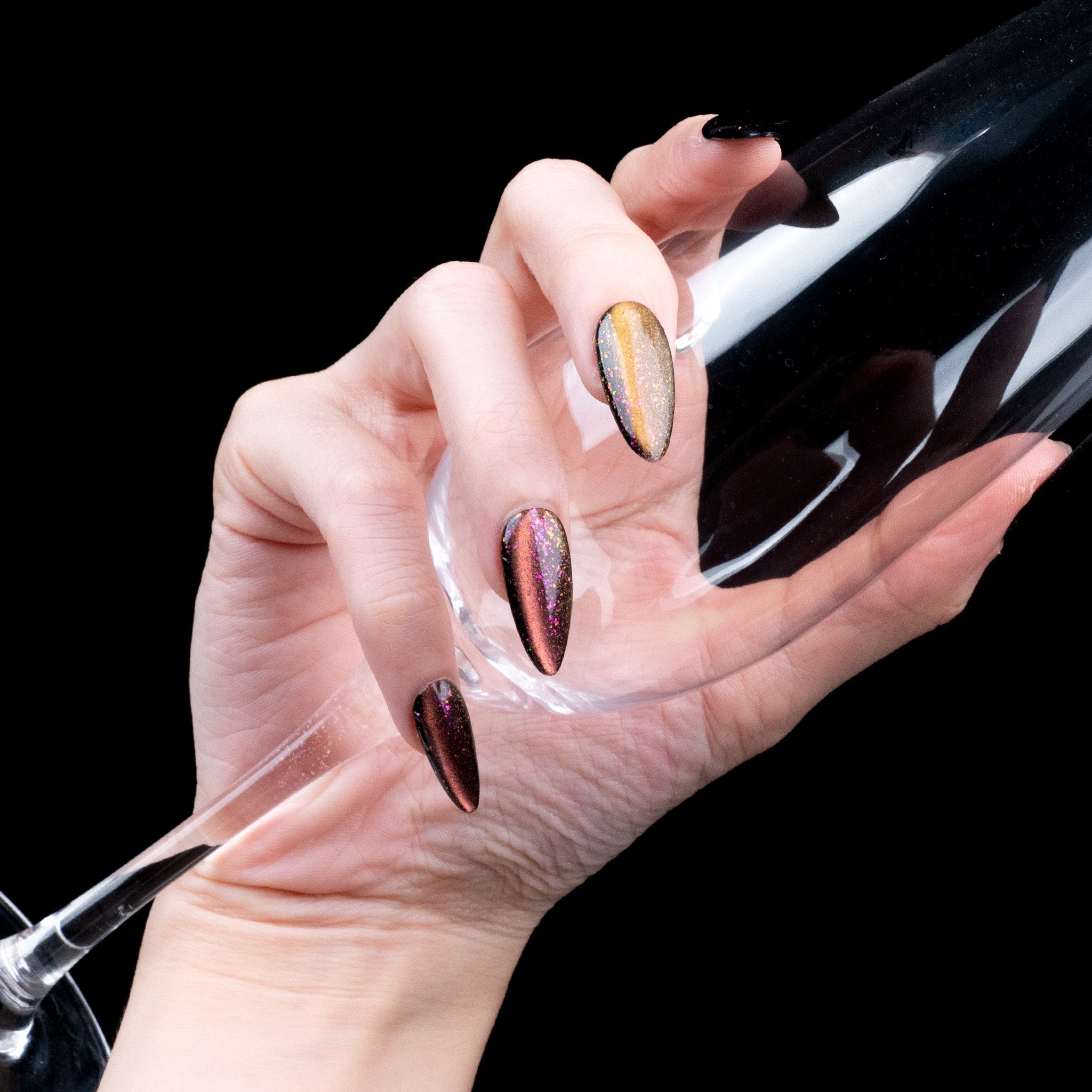 Handmade Medium Almond Press-On Nails - Black Magnet Solid Color Minimalist 10 Pcs #258