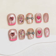 ハンドメイド ショート 短め コフィン バレリーナ ネイルチップ– ピンク フレンチ スウィート ハート 10枚セット #252