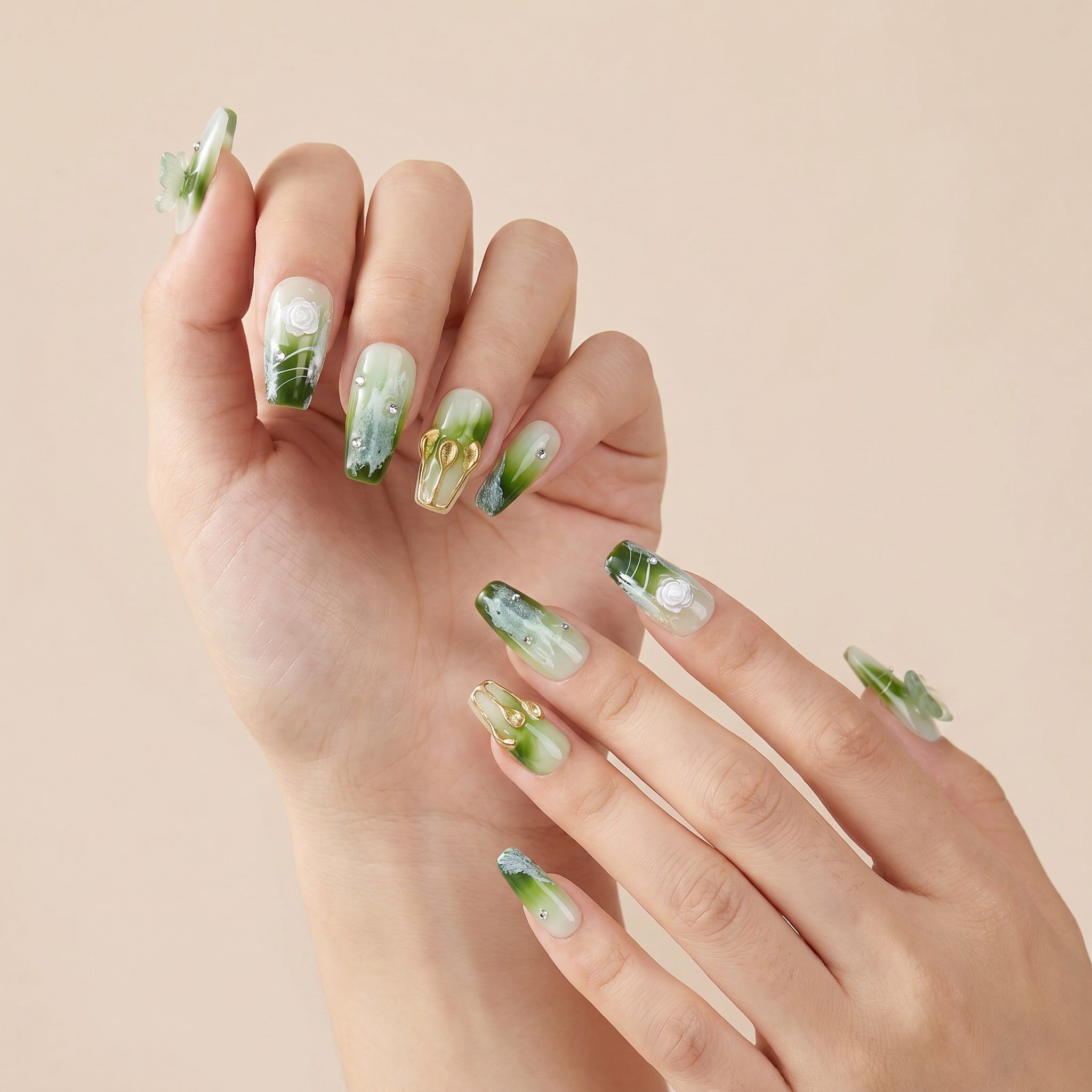 Handmade Green Garden Press-On Nails #009
