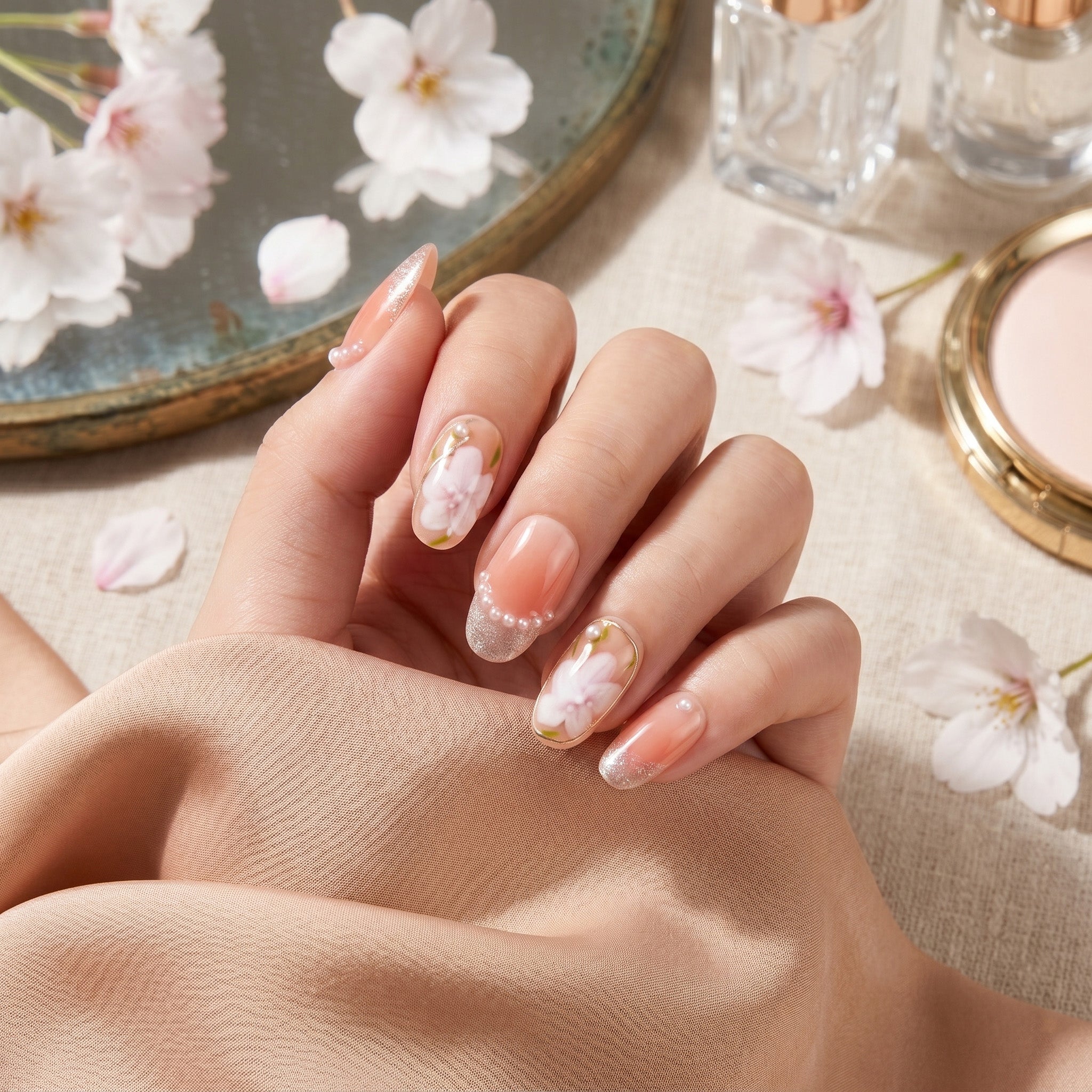 Faux ongles faits main motif fleur de cerisier #001