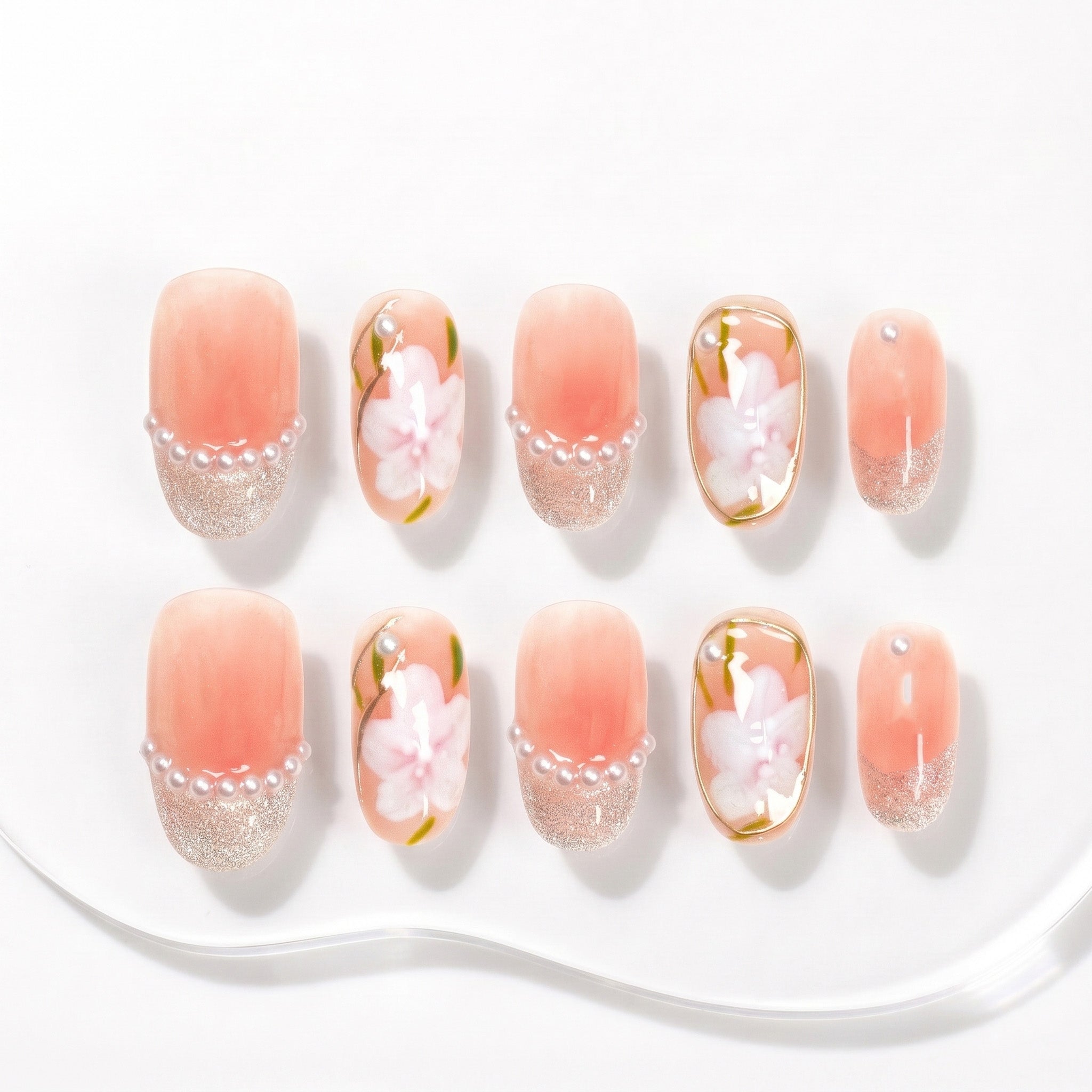 Faux ongles faits main motif fleur de cerisier #001