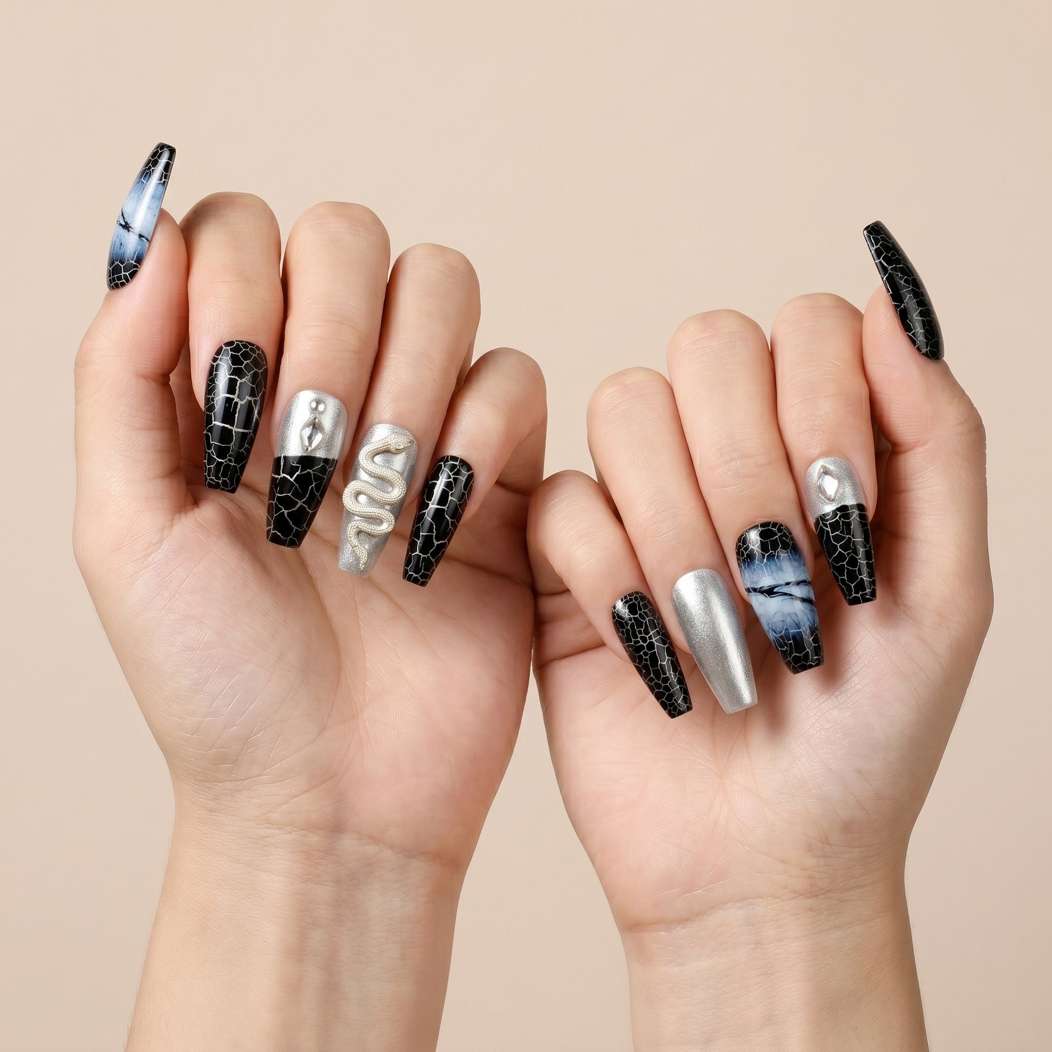 Handmade Black Crackle & Snake Press-On Nails #007