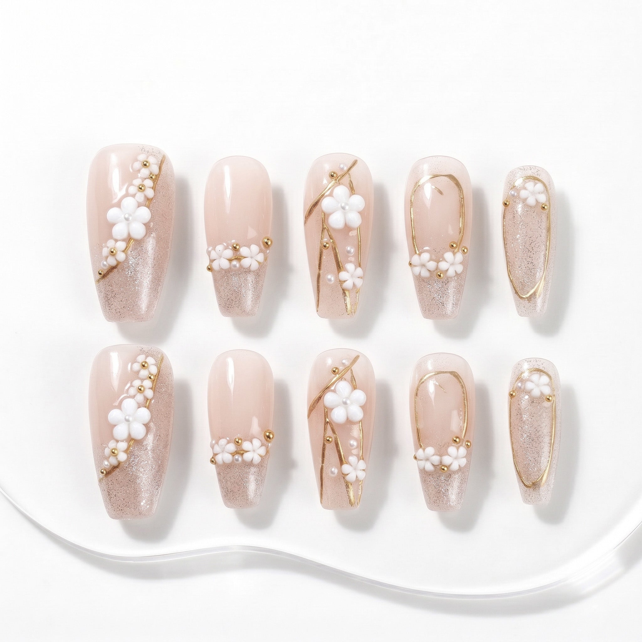 Handmade Pearl Blossom Press-On Nails #010