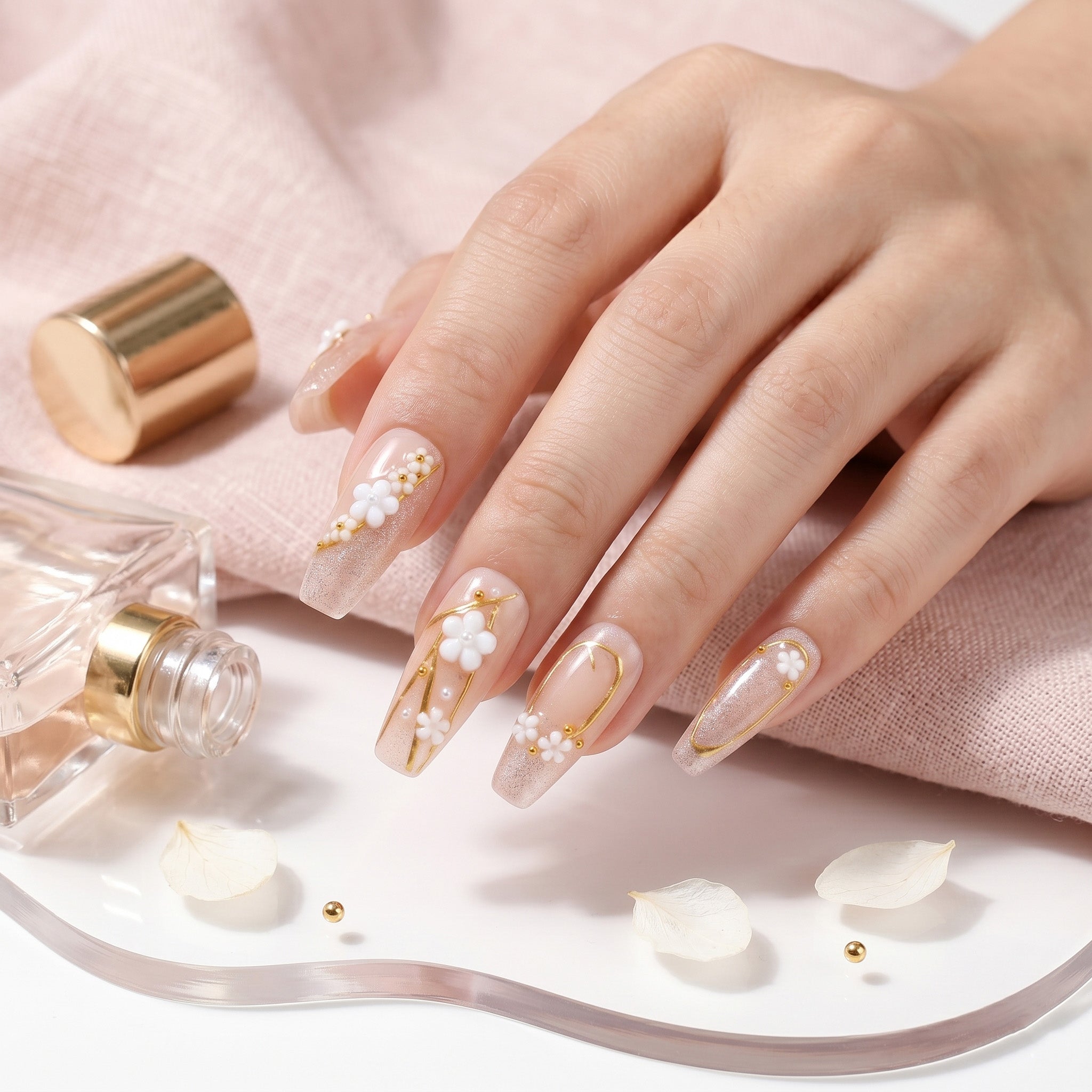 Handmade Pearl Blossom Press-On Nails #010