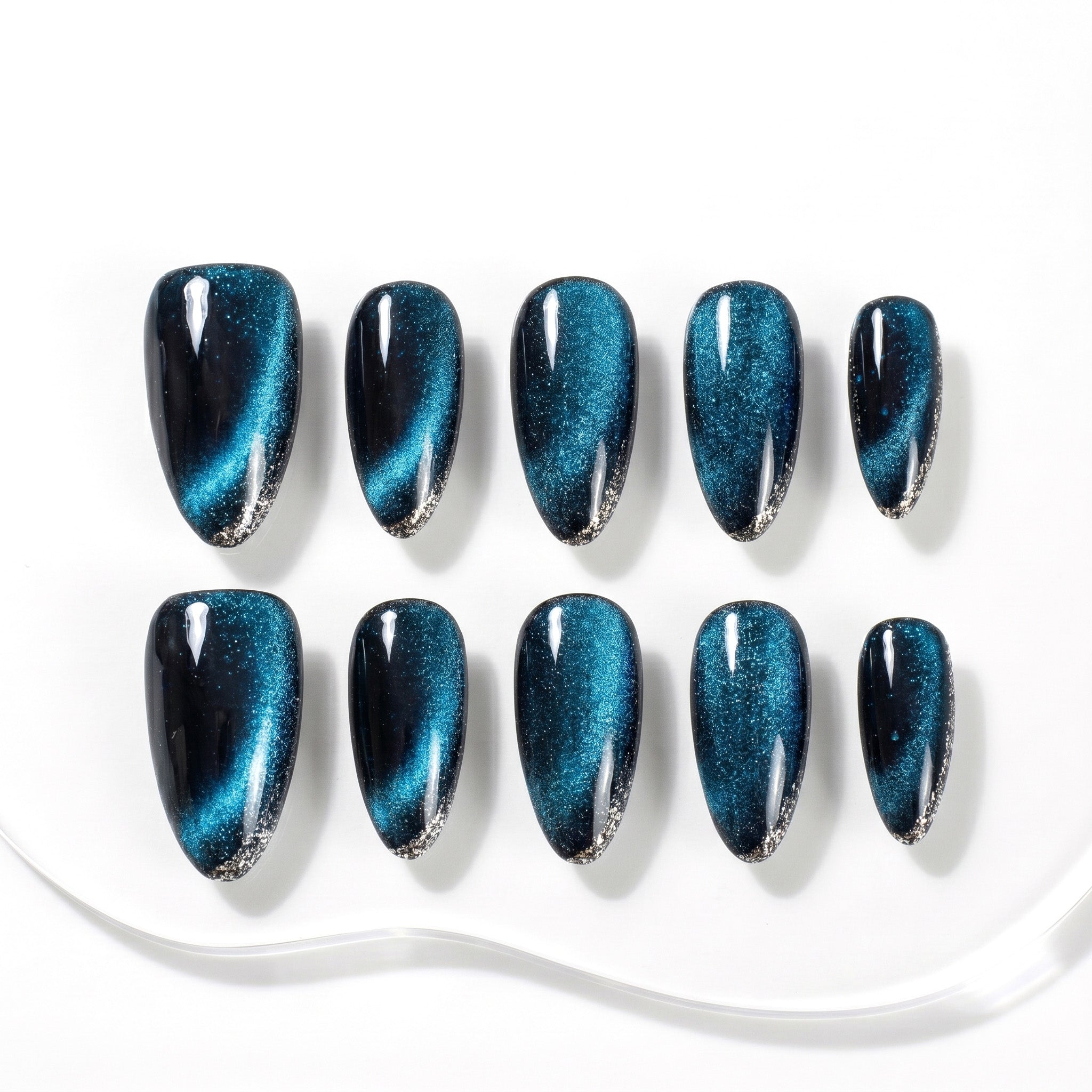 Handmade Sapphire Blue Cat Eye Press-On Nails #012