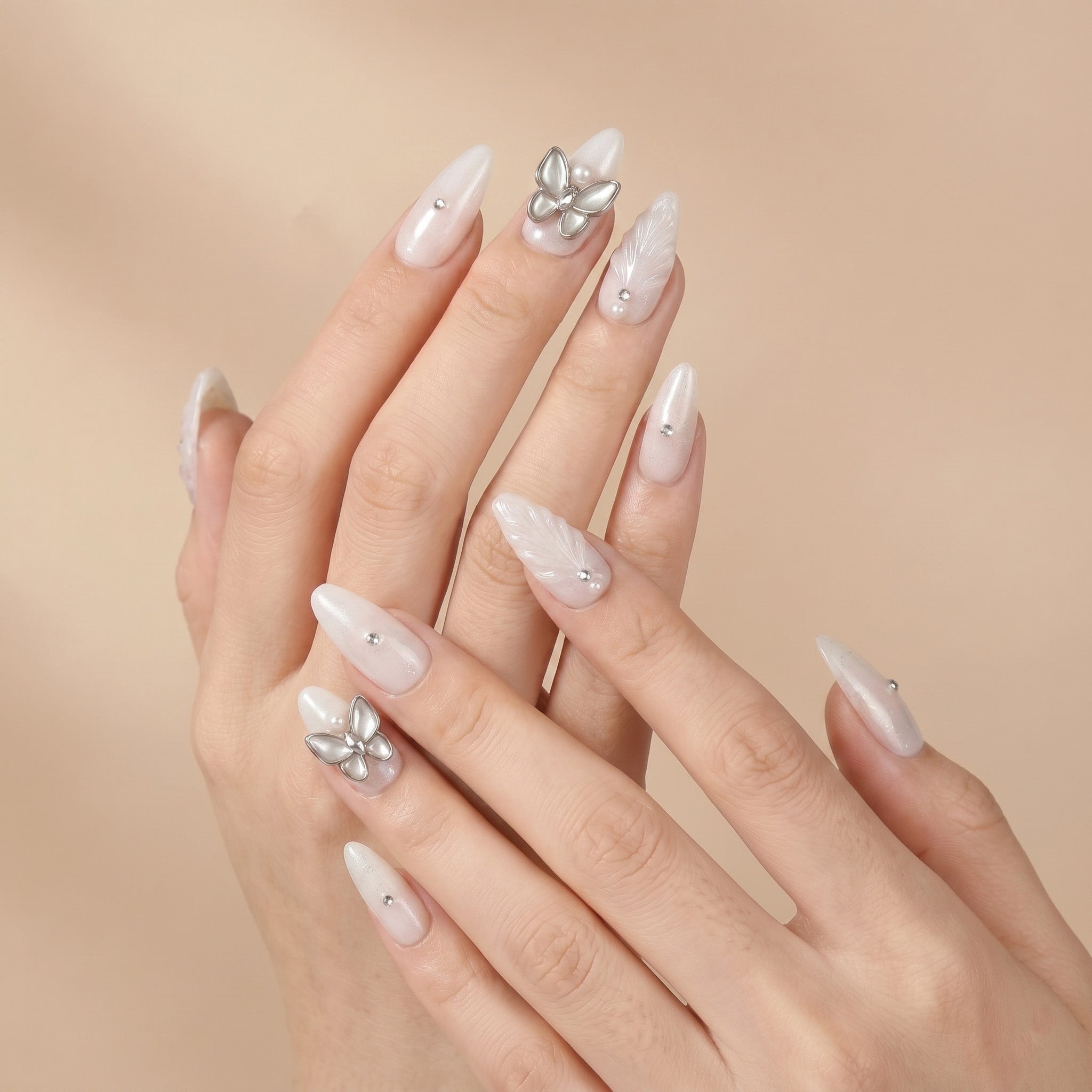 Handmade Pearl Butterfly Silver Shimmer Press-On Nails #020