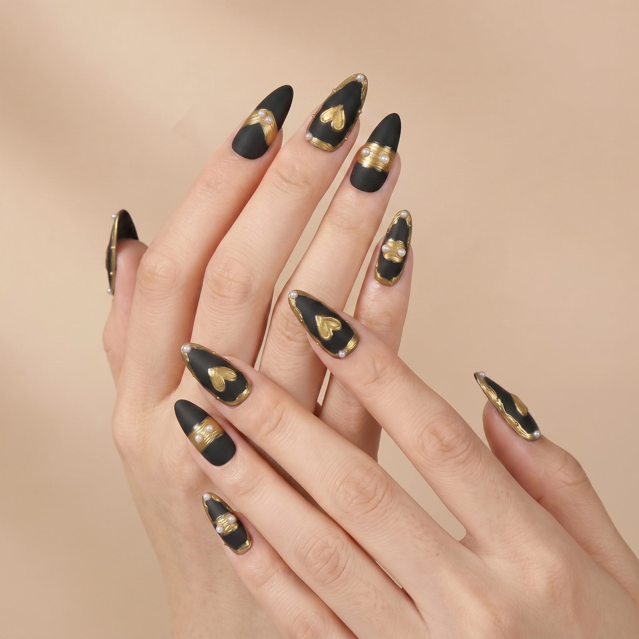 Handmade Matte Black & Bronze Flow Press-On Nails #021