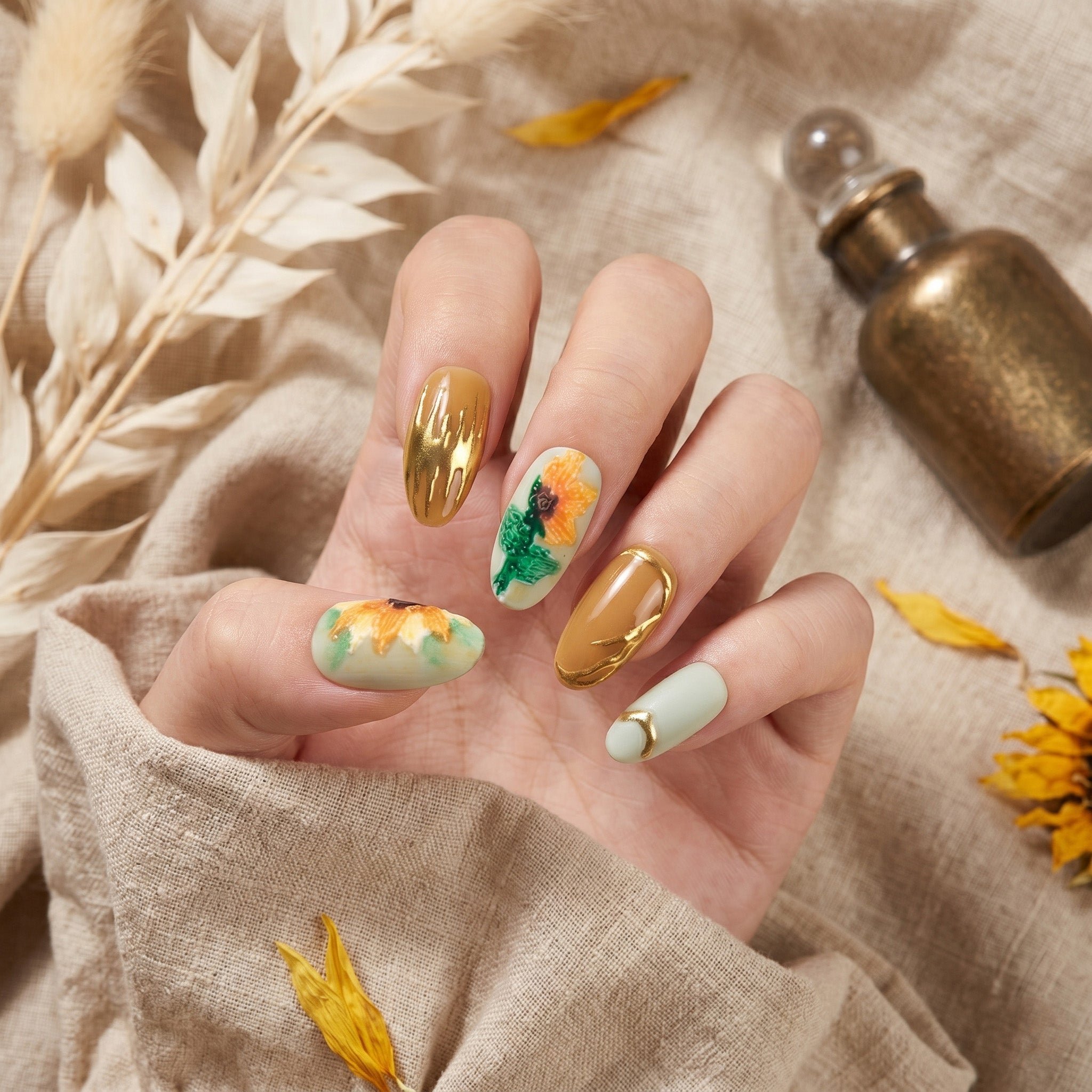 Handgefertigte Press-on-Nägel mit Sonnenblumendesign #022