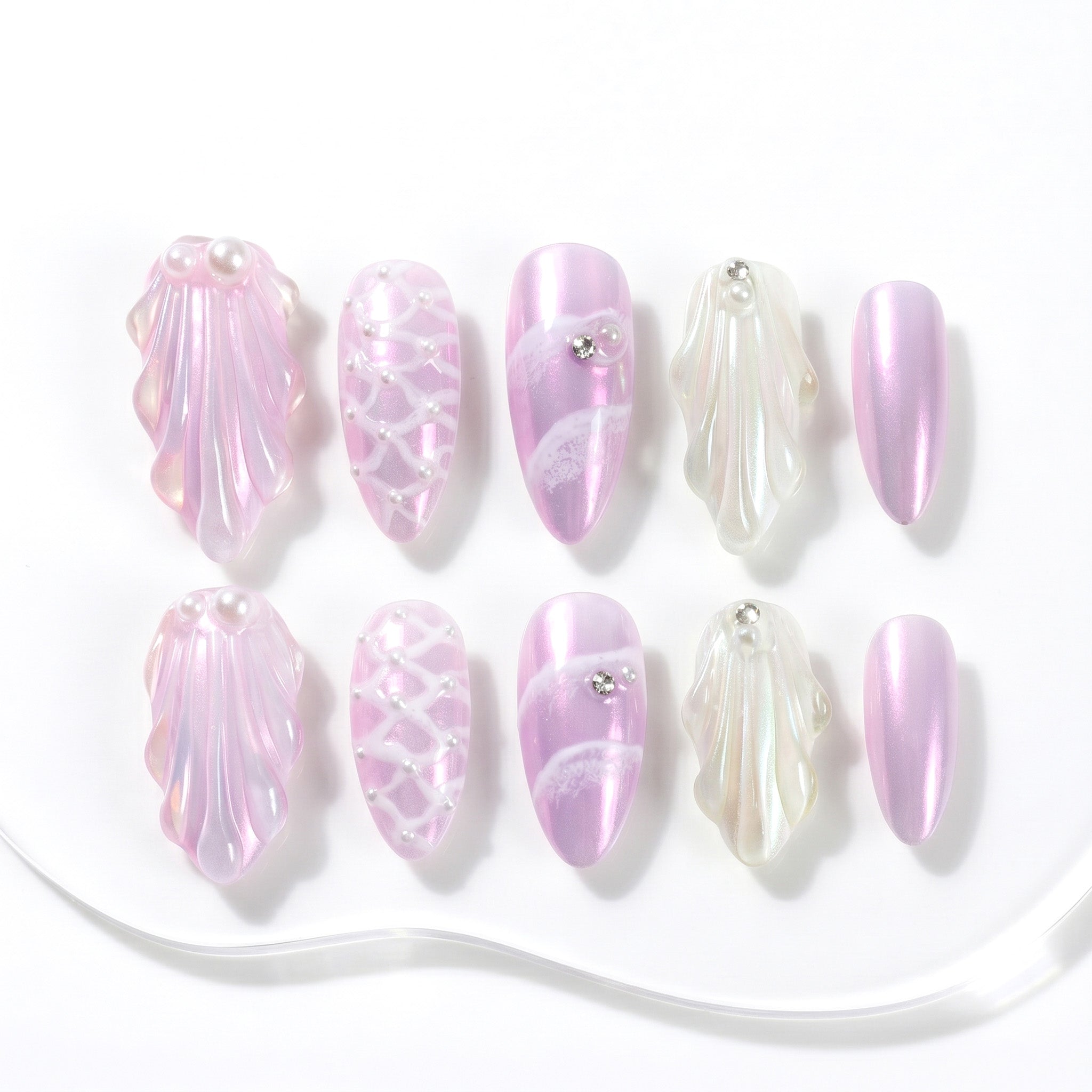 Handmade Ocean Pearl & Shell Press-On Nails #029