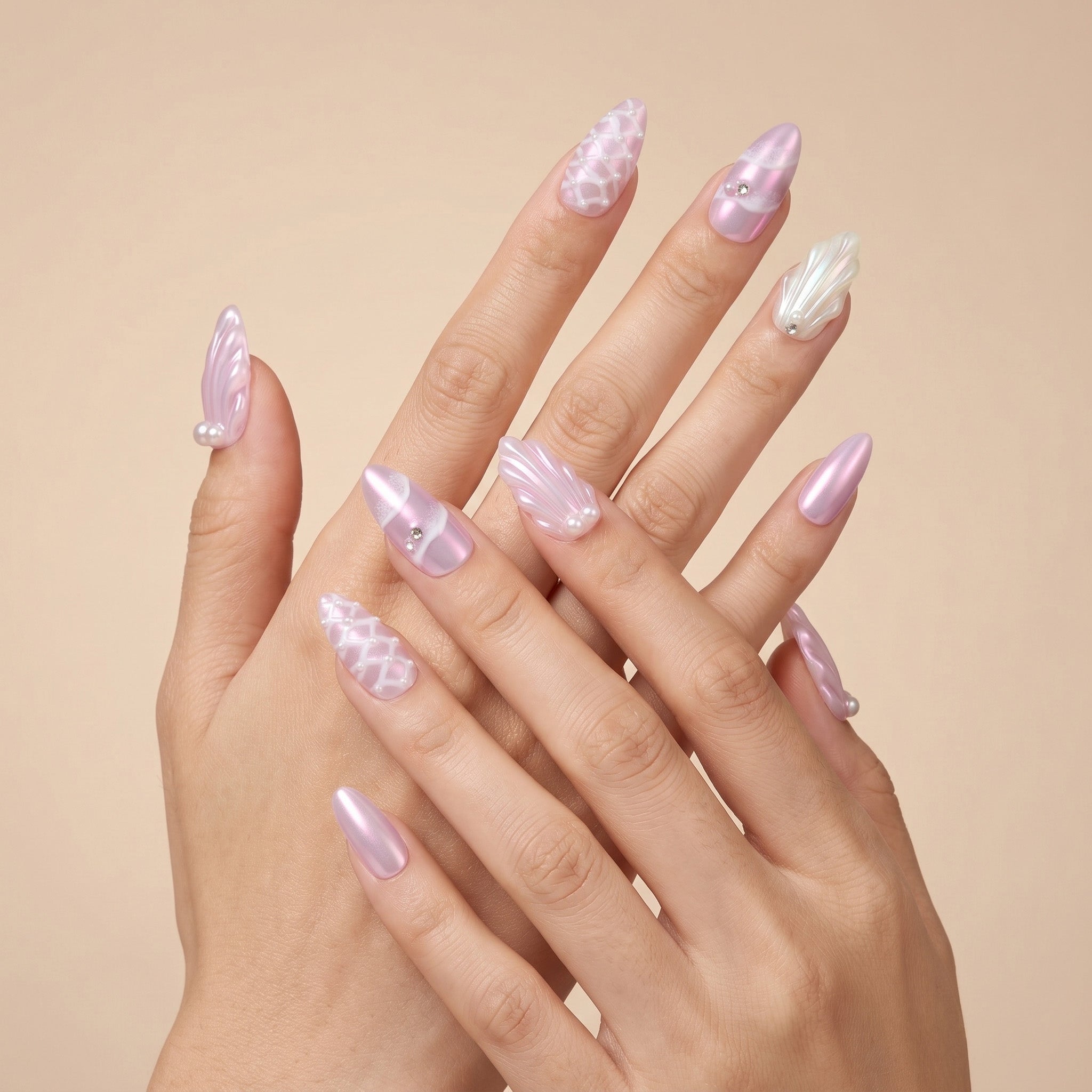 Handmade Ocean Pearl & Shell Press-On Nails #029