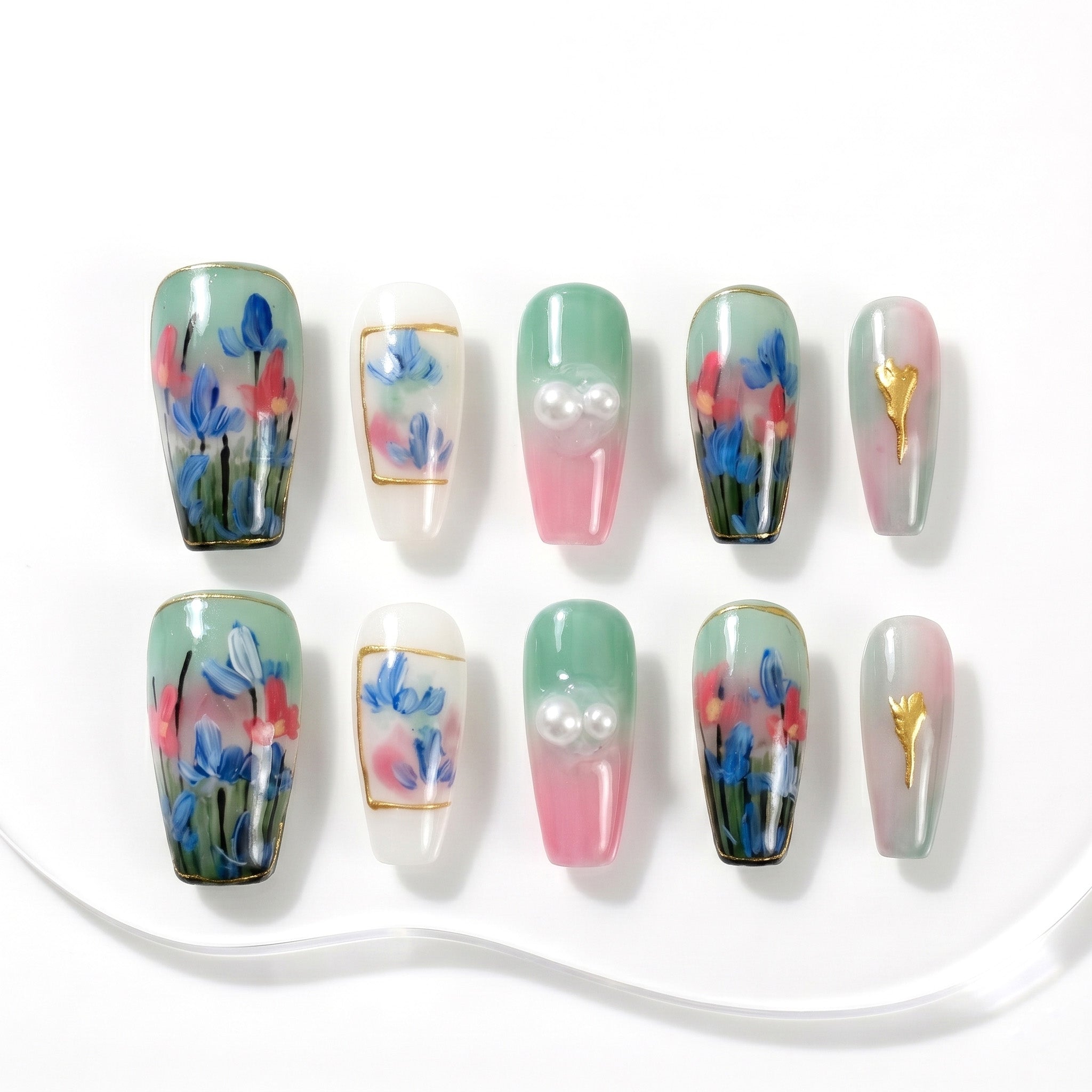 Faux ongles faits main jardin menthe et fleurs #031