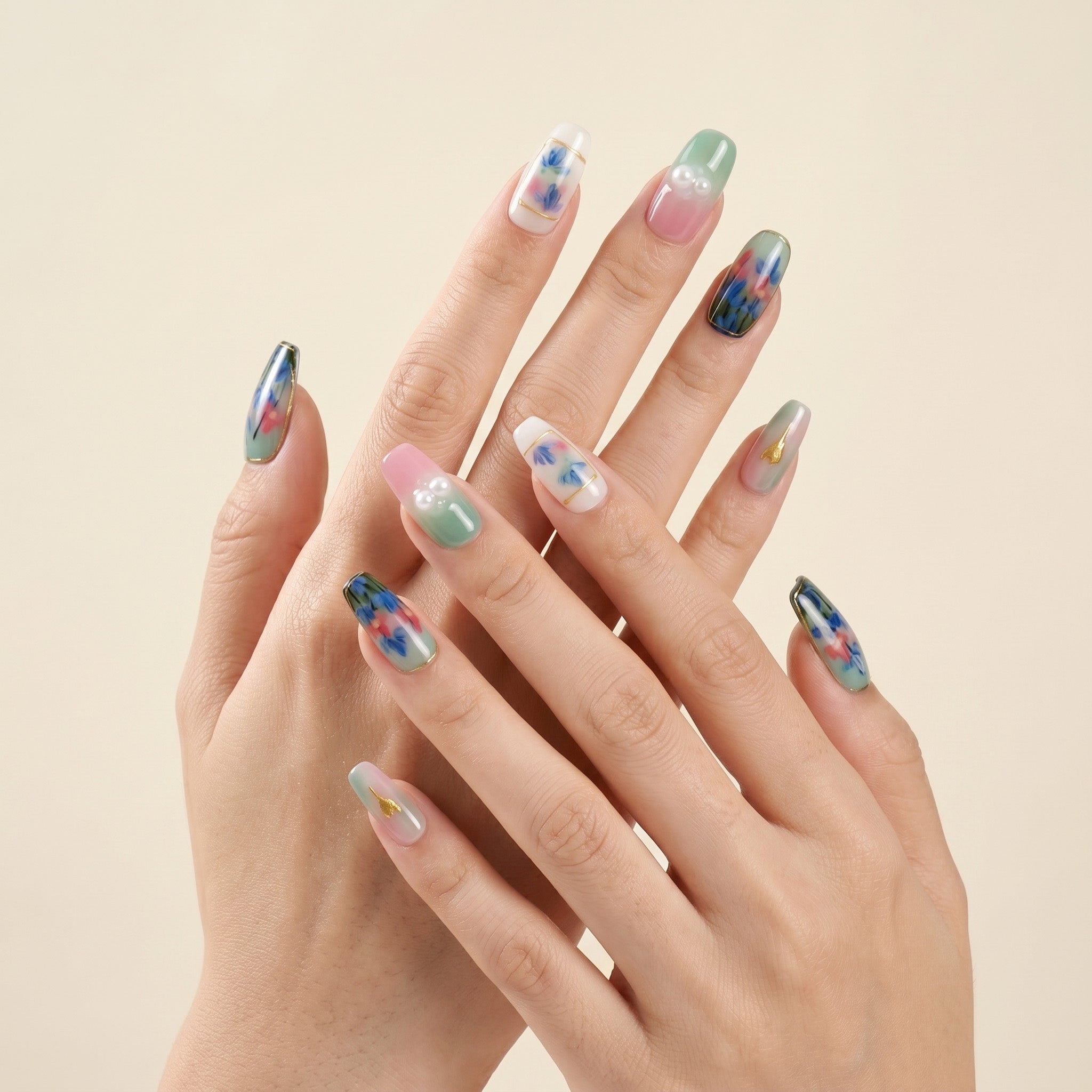 Handmade Mint Garden Floral Press-On Nails #031