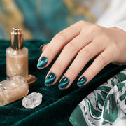 Handmade Gemstone Green Cat-Eye Press-On Nails with Silver Gradient #036