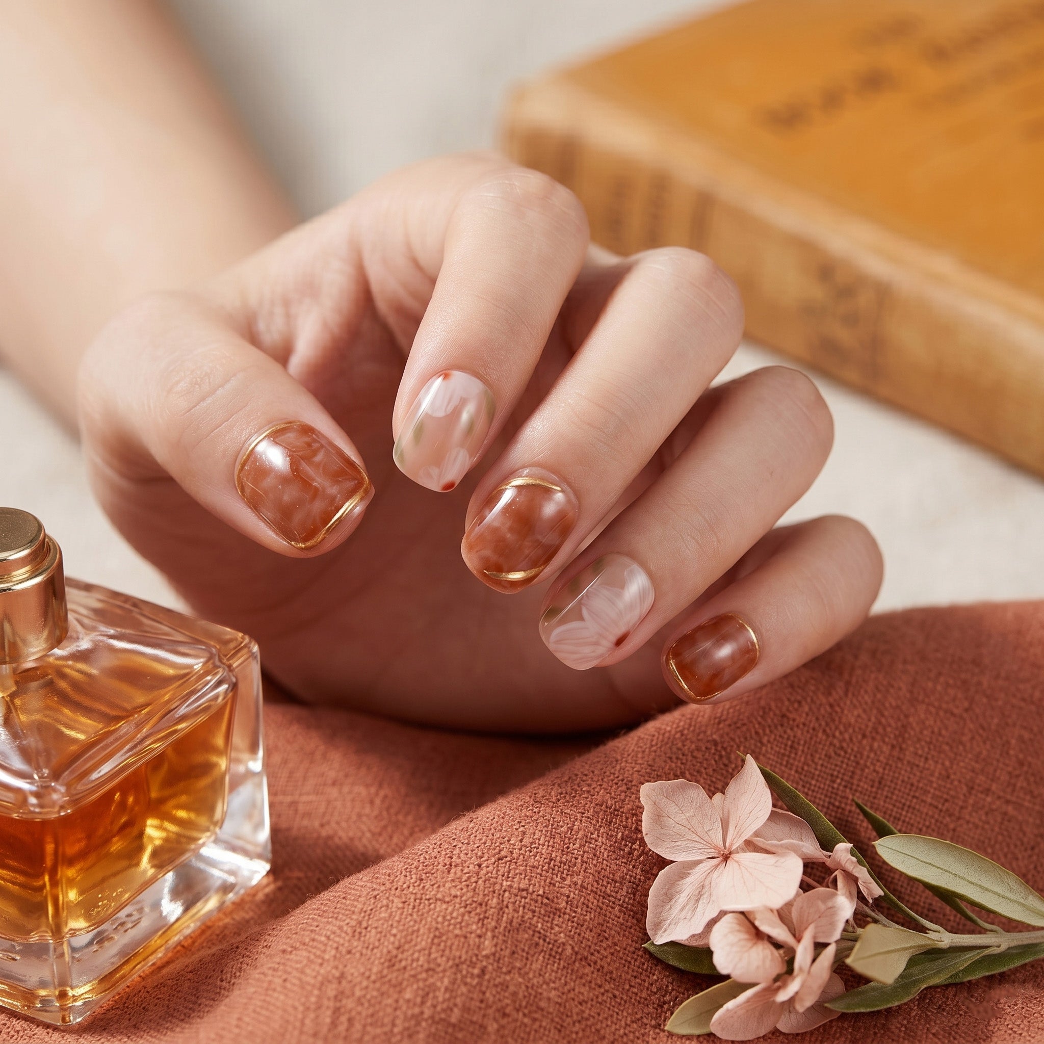 Handmade Warm Brown Marble Floral Press-On Nails #037