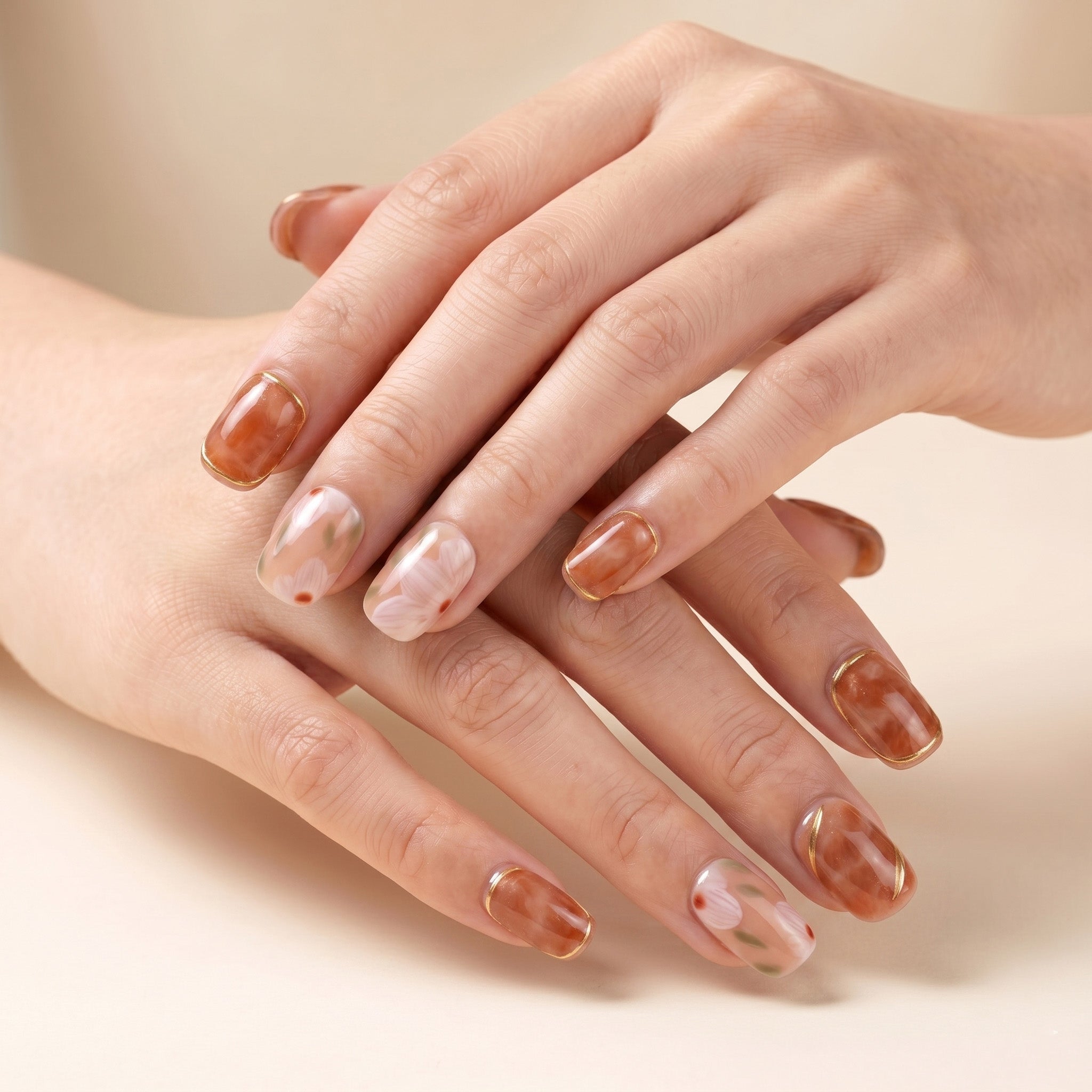 Handmade Warm Brown Marble Floral Press-On Nails #037