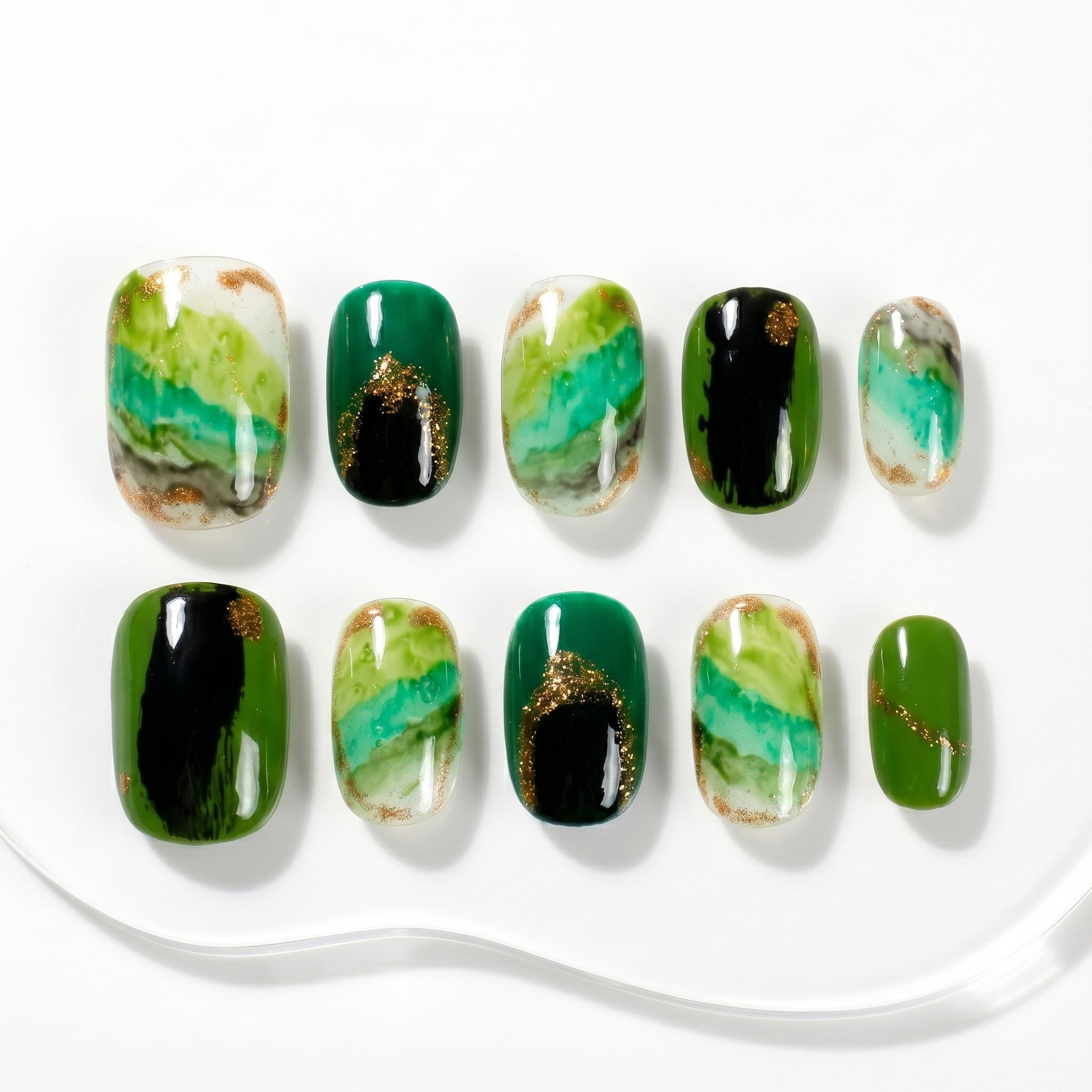 Handmade Green Marble Press-On Nails #041