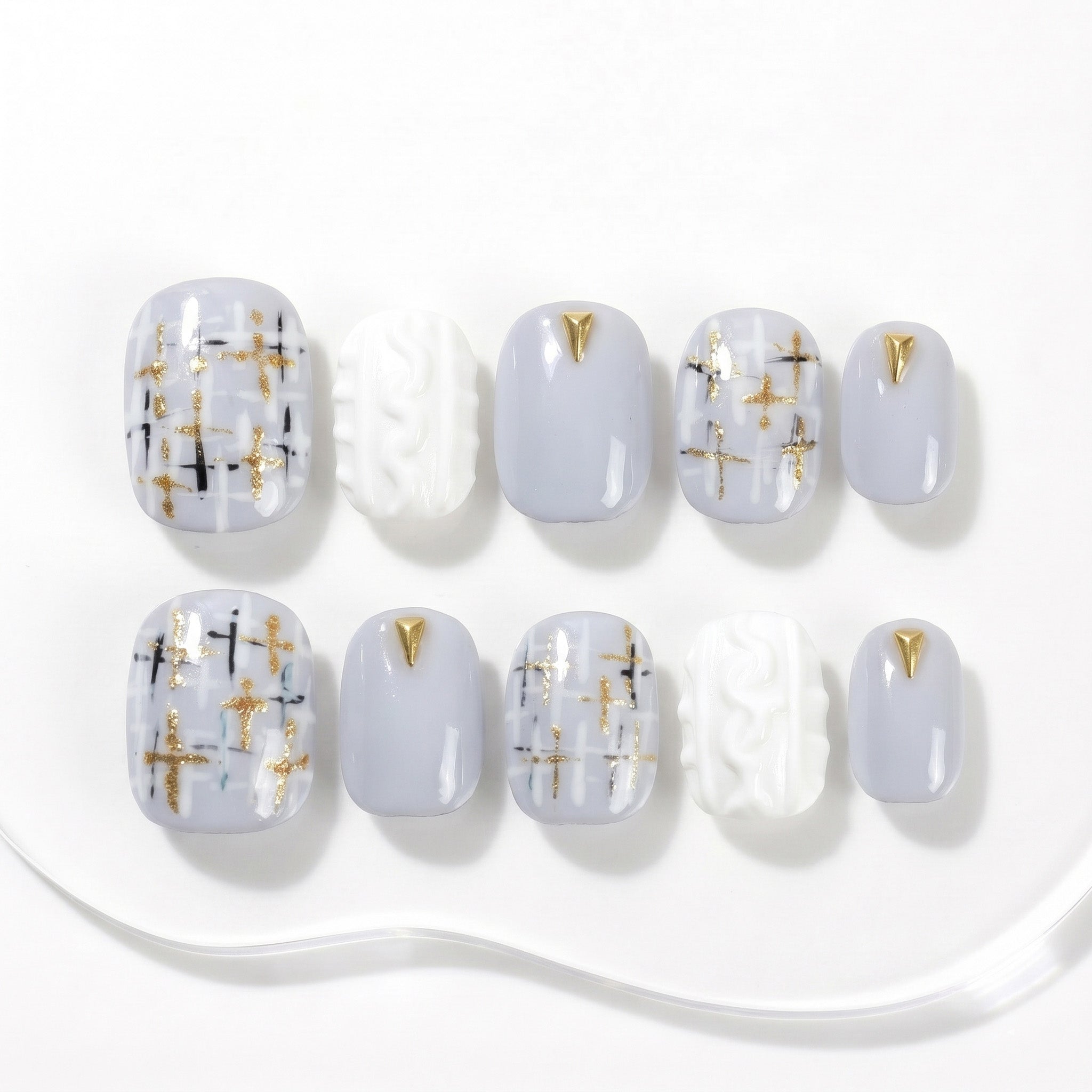 Handmade Plaid & Gold Accent Press-On Nails #046