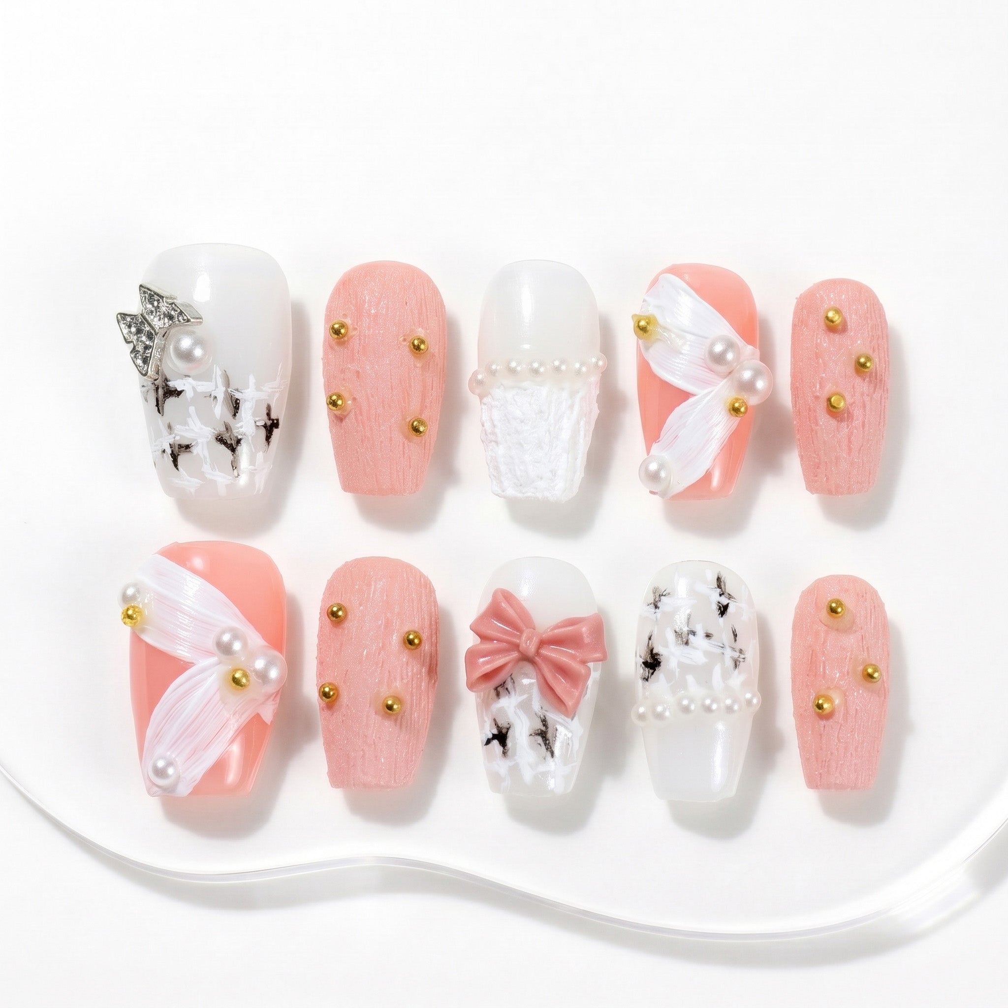 Handmade Pearl & Bow Press-On Nails #050