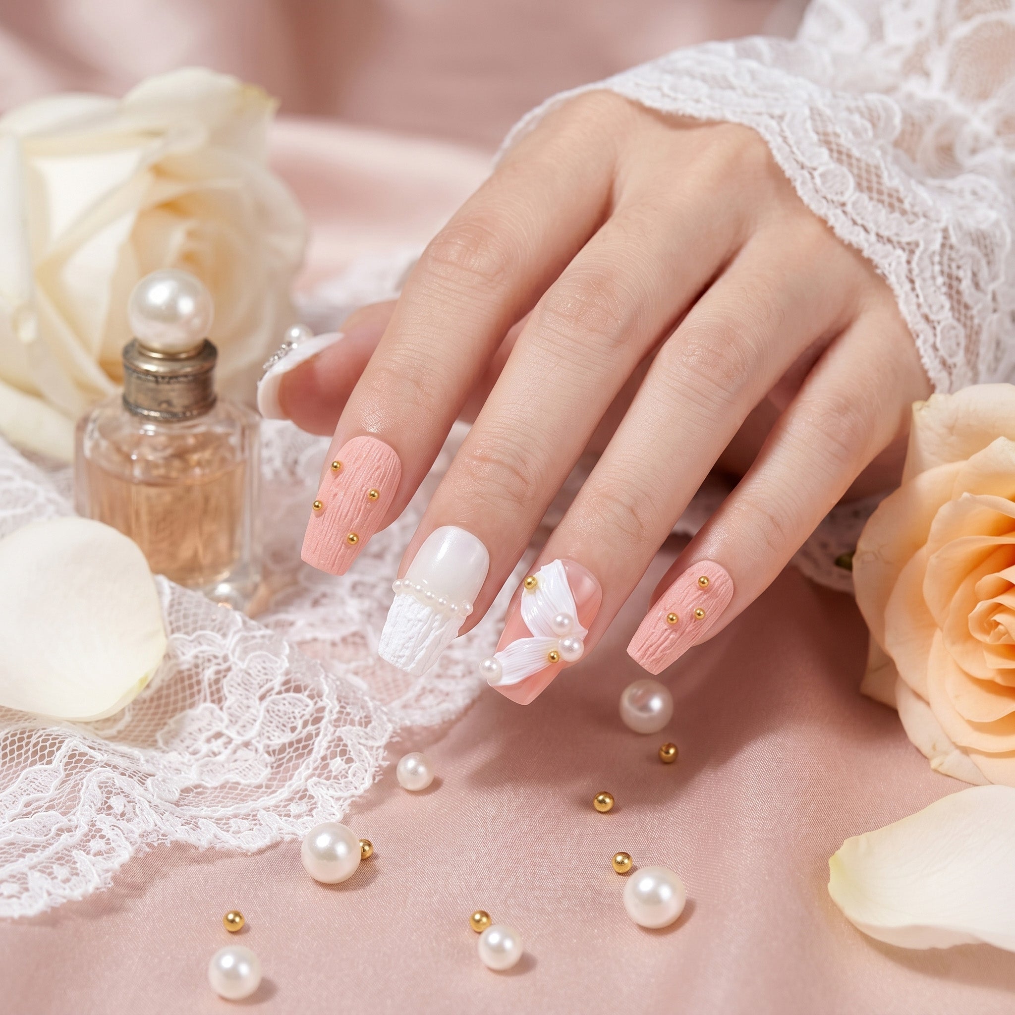 Handmade Pearl & Bow Press-On Nails #050