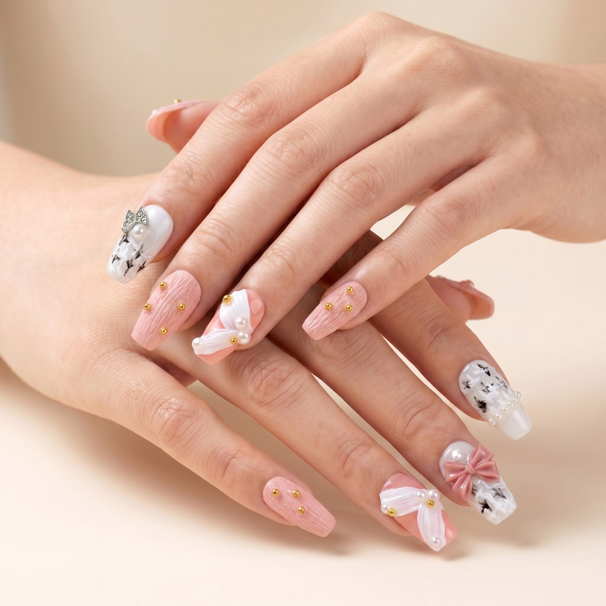 Handmade Pearl & Bow Press-On Nails #050