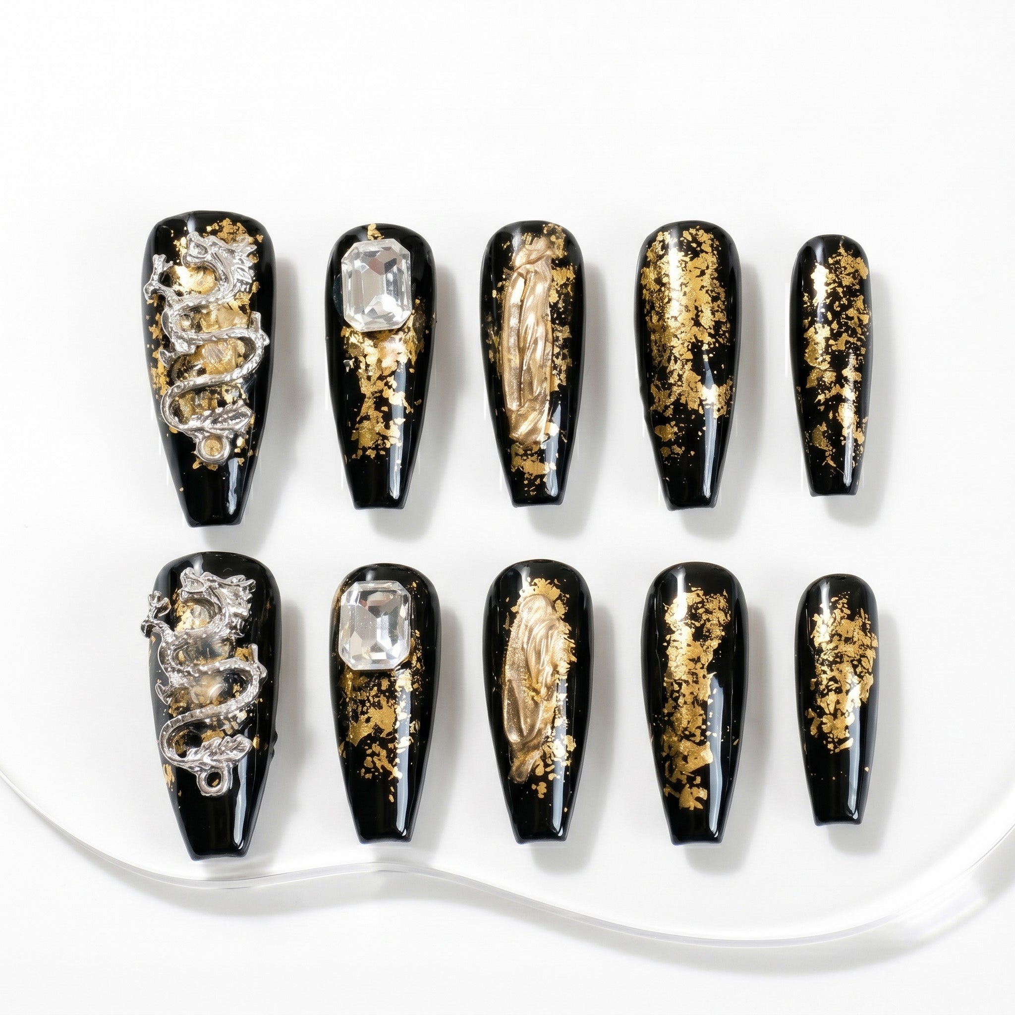 Handmade Medium Coffin Ballerina Press-On Nails - Black Gold Rhinestone 3D Hand-Painted 10 Pcs #052